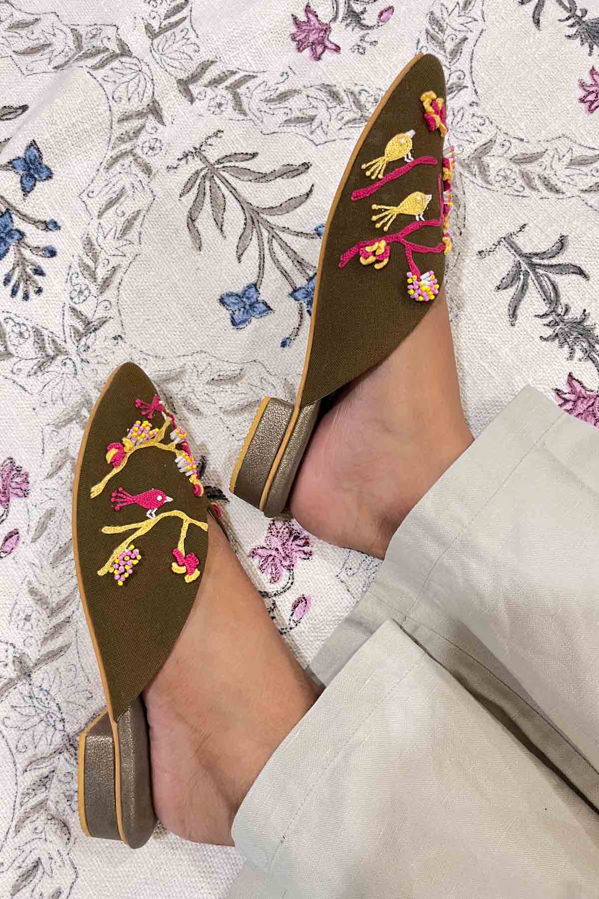 3D Hand Embroidered Mules
