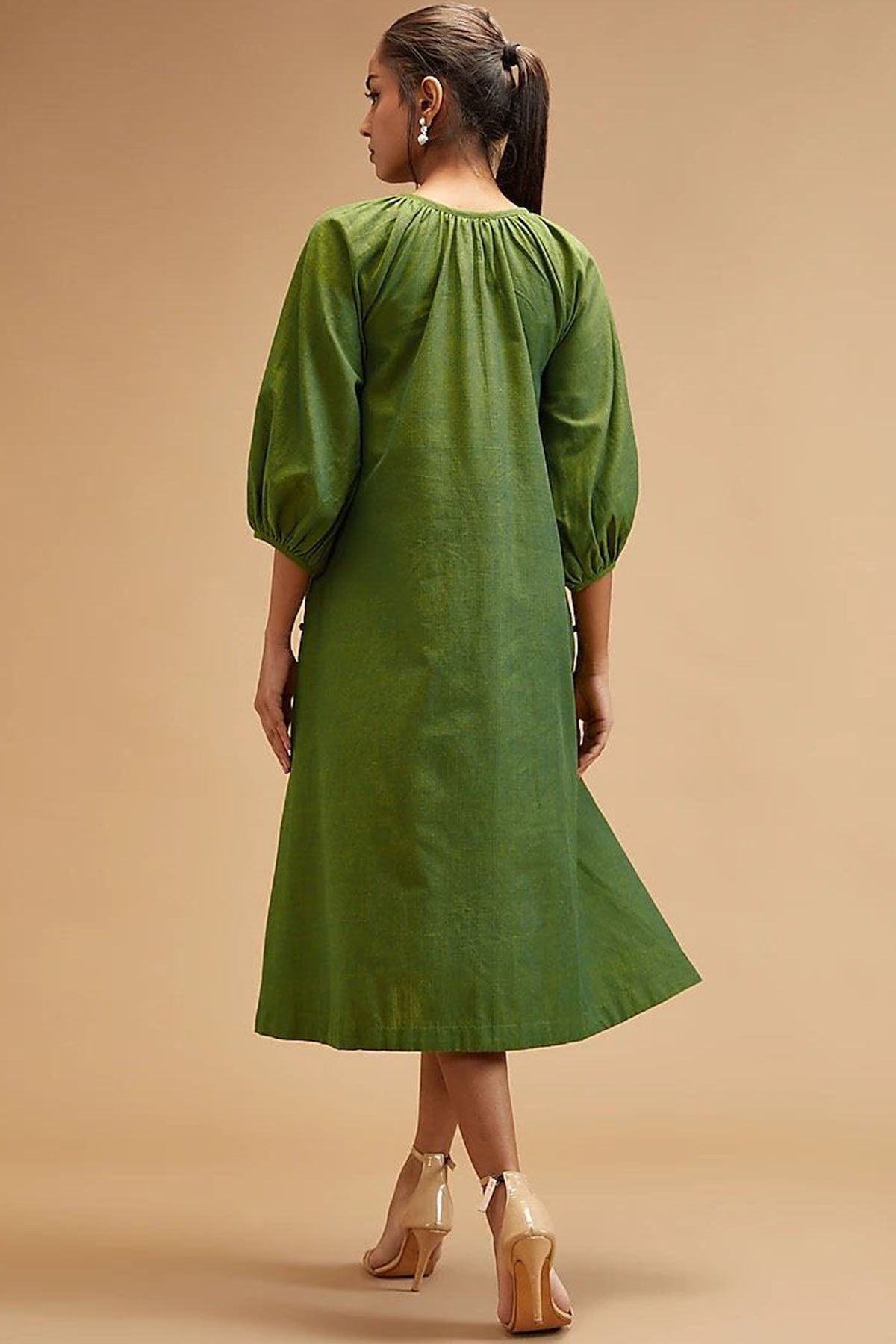 Basil Green Puff Sleeve Dress