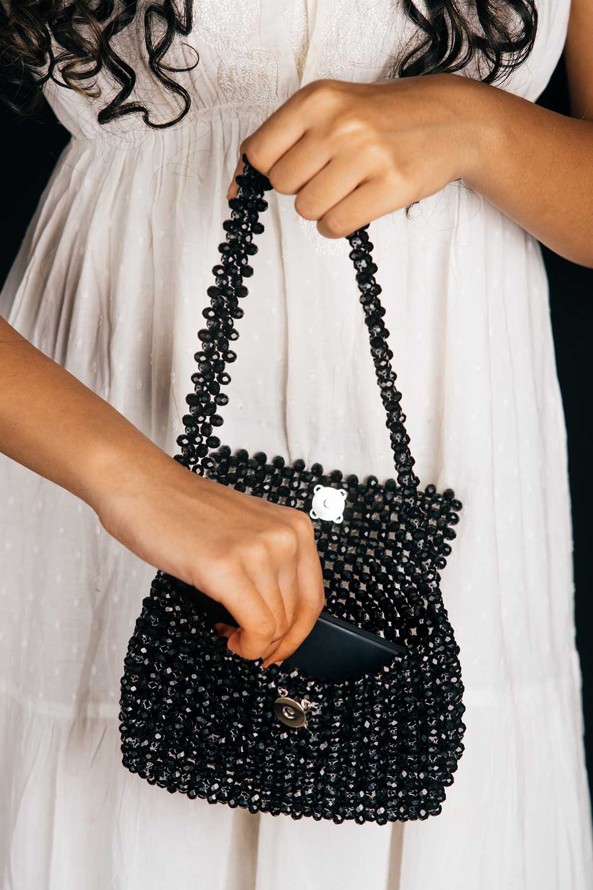 Black Crystal Beads Shoulder Bag