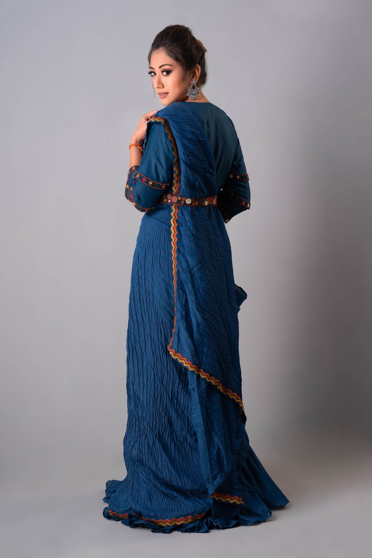 Blue Embroidered Drape Saree Set