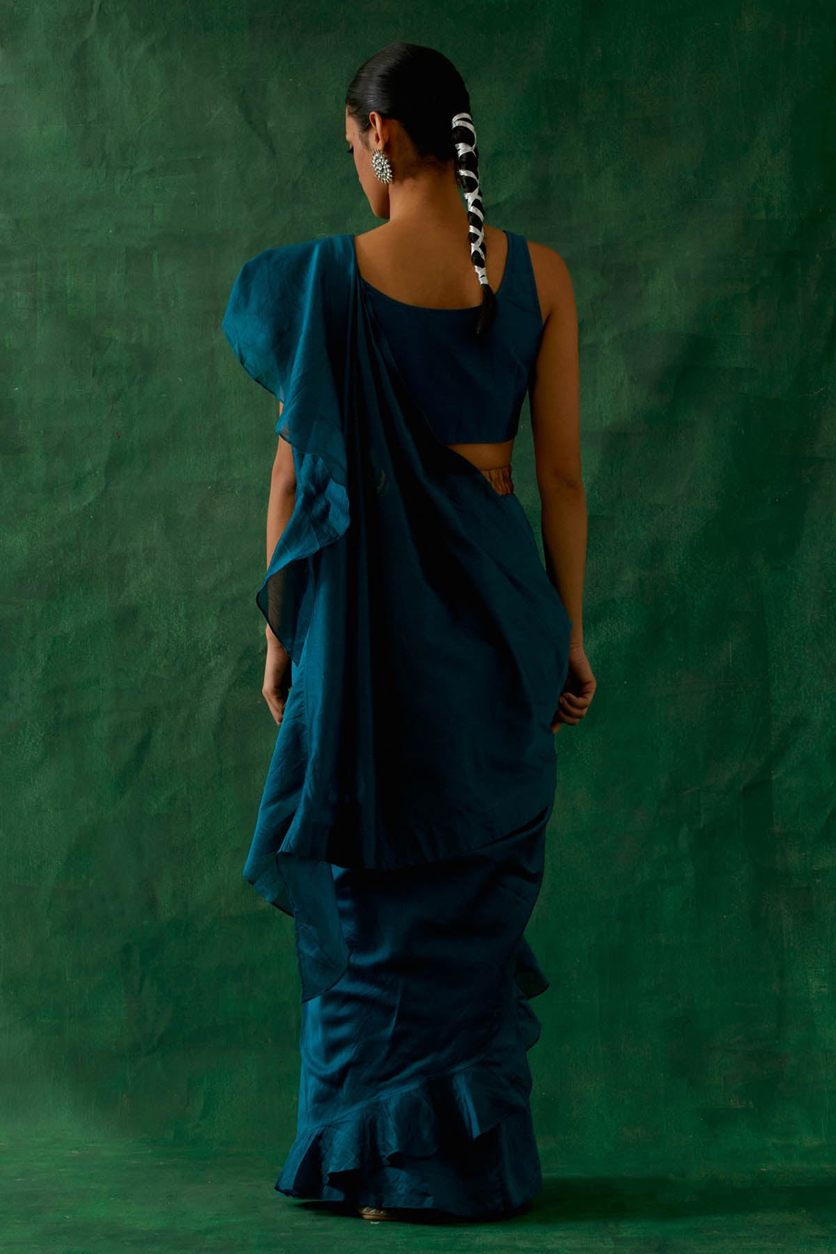 Blue Ruffled Pre Drape Saree Set