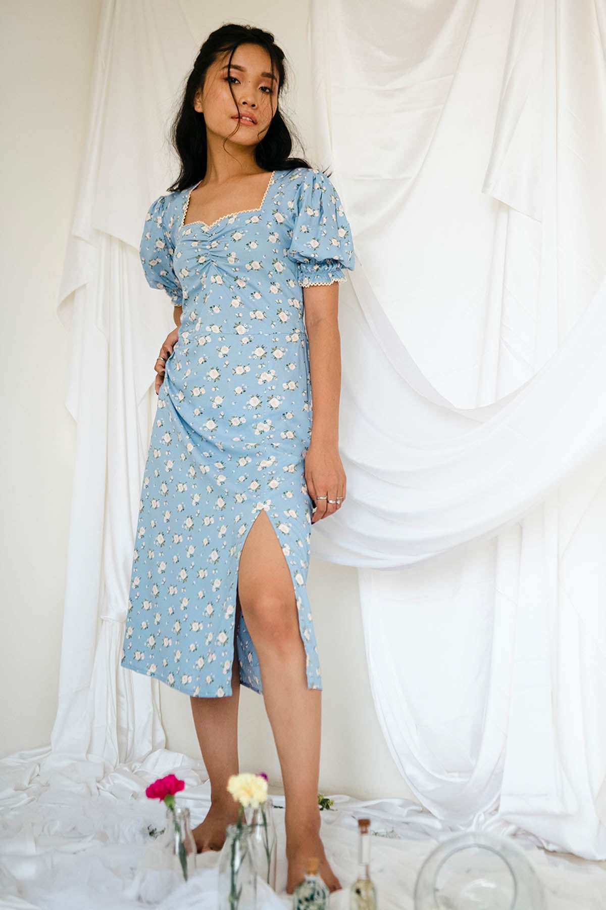 Bohobi Blue Cotton Puff Sleeves Dress For Women Online at ScrollnShops