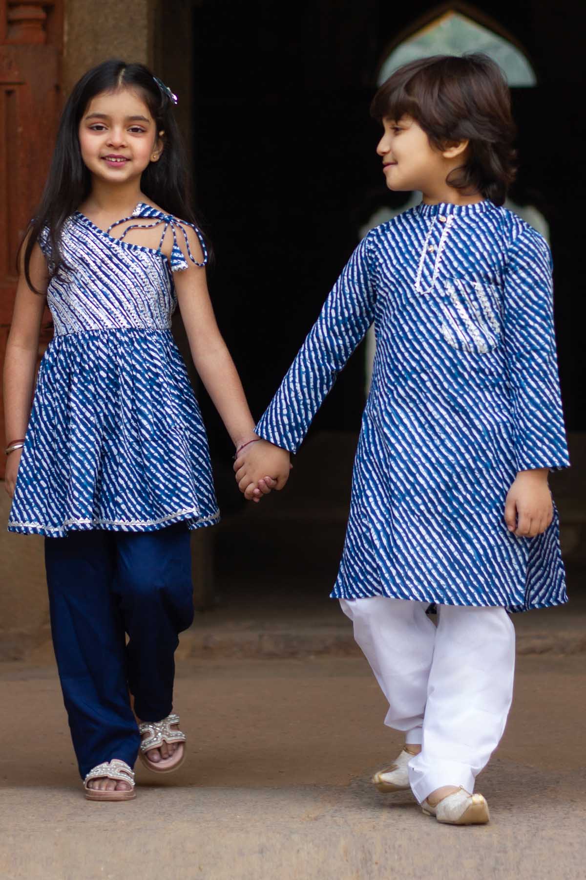 Designer ViYa Blue Leheriya Gota Siblings Set For Kids (Boys & Girls) Available online at ScrollnShops