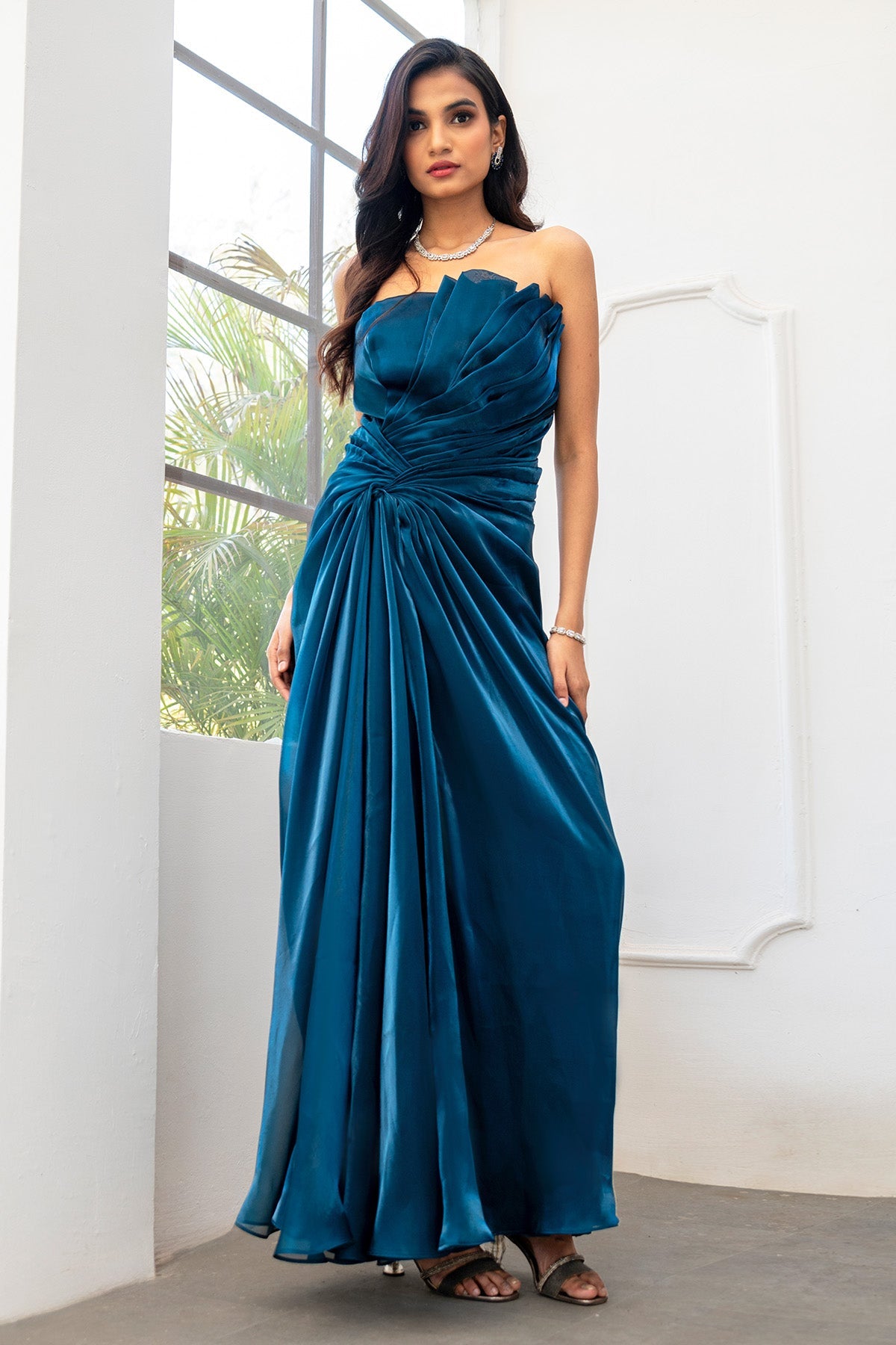 Buy Blue Strapless Pleated Gown by Smita Shrinivas for women online at ScrollnShops
