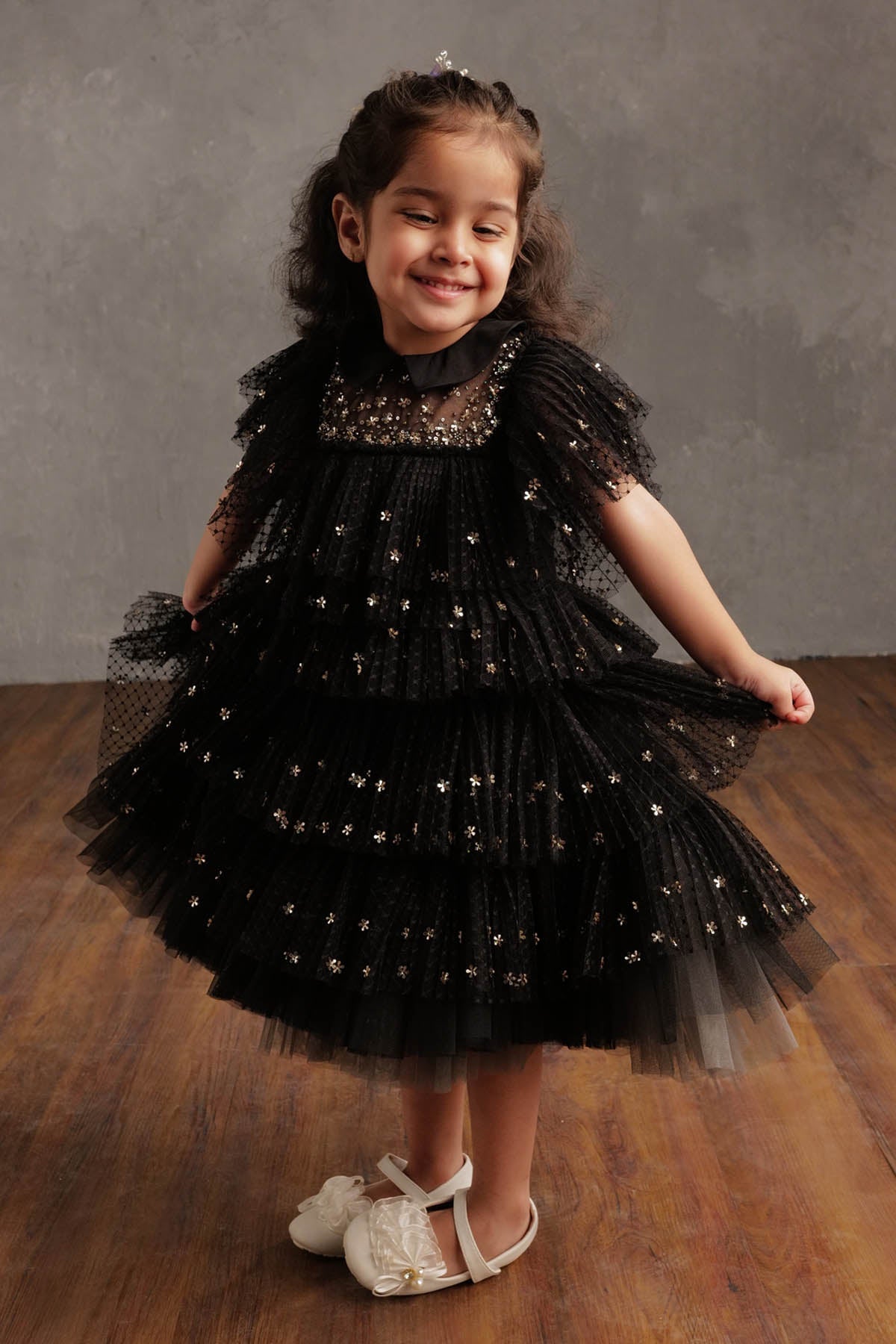 By Not So Serious By Pallavi Mohan Ditsy Floral Applique Layered Dress For Girls Available online at ScrollnShops