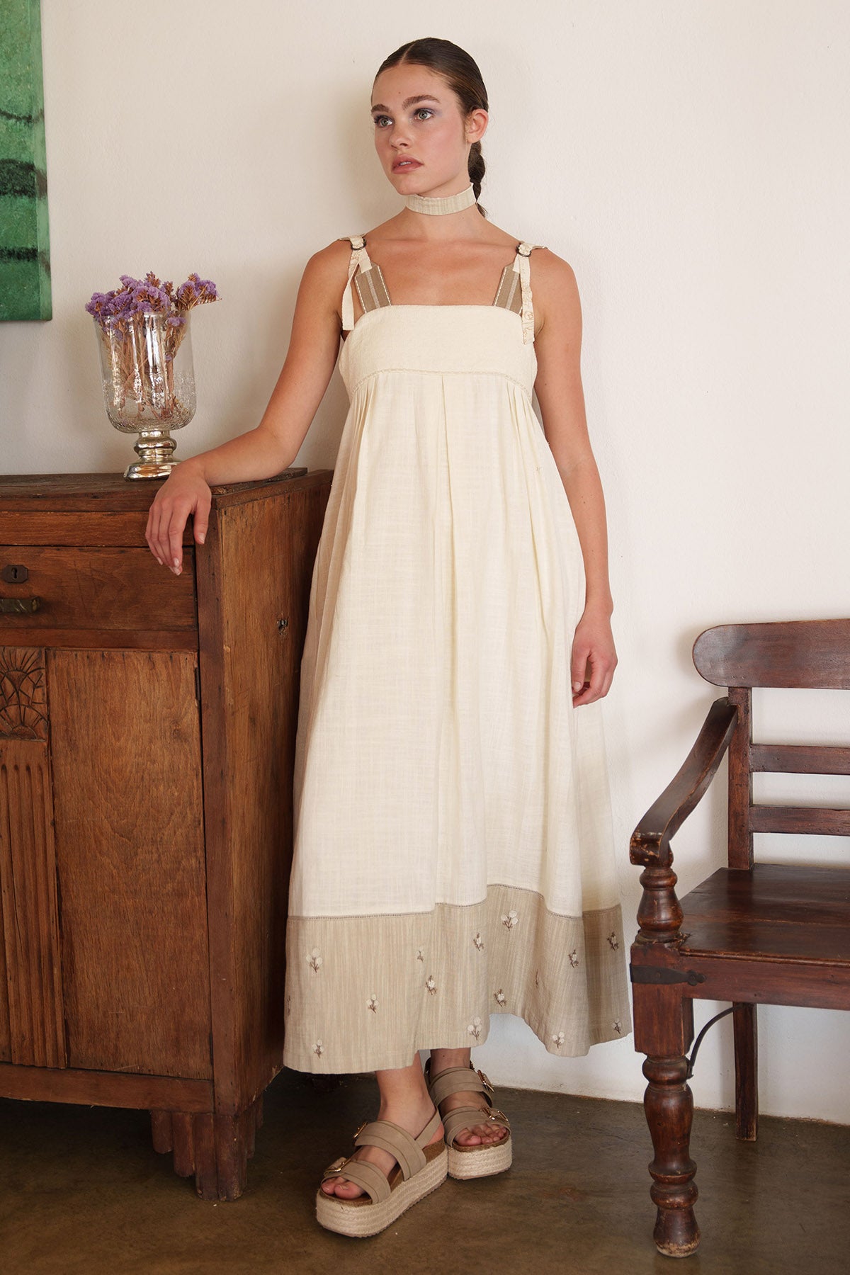 Buy Ecru Linen Embroidered Dress by Shruti Sancheti for women online at ScrollnShops