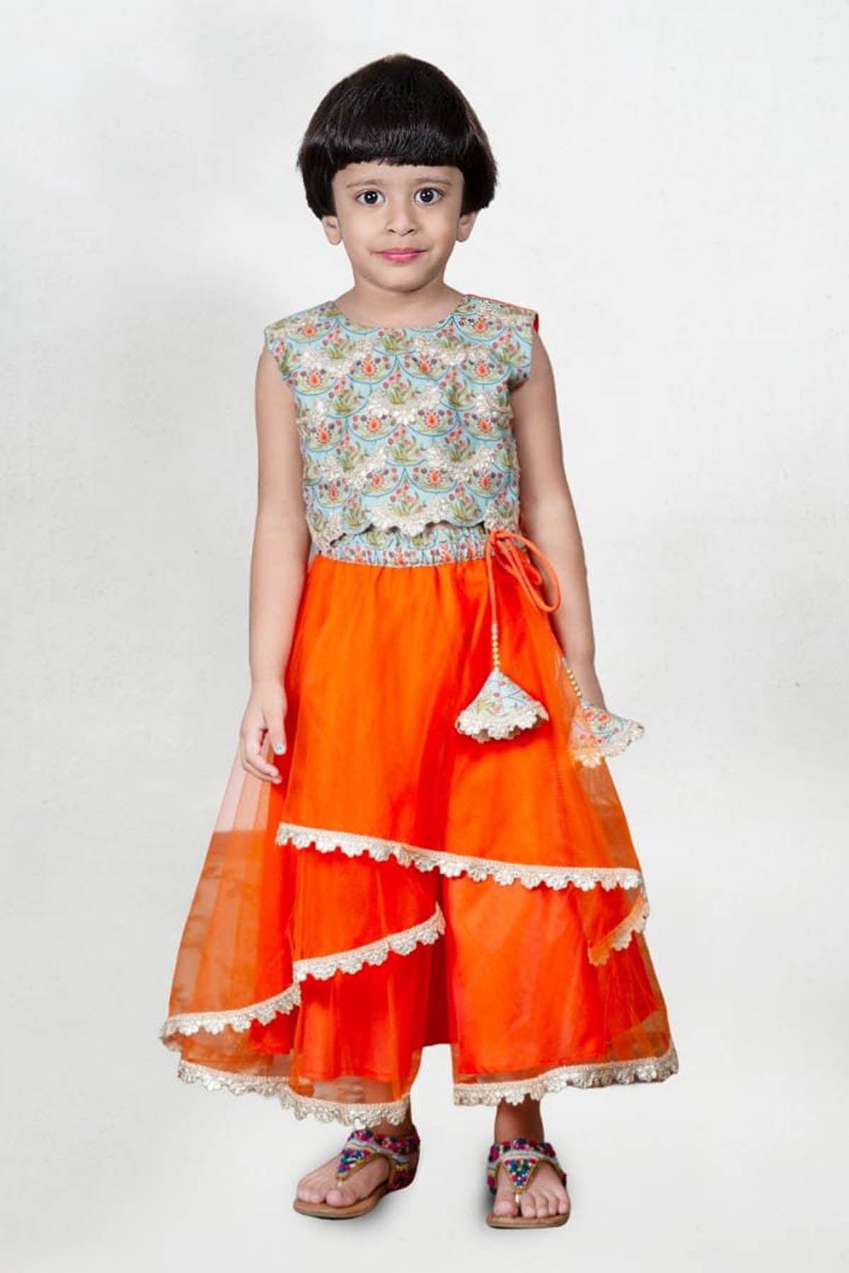 Designer Little Brats Embroidered Layered Ghagara Set For Kids Available online at ScrollnShops