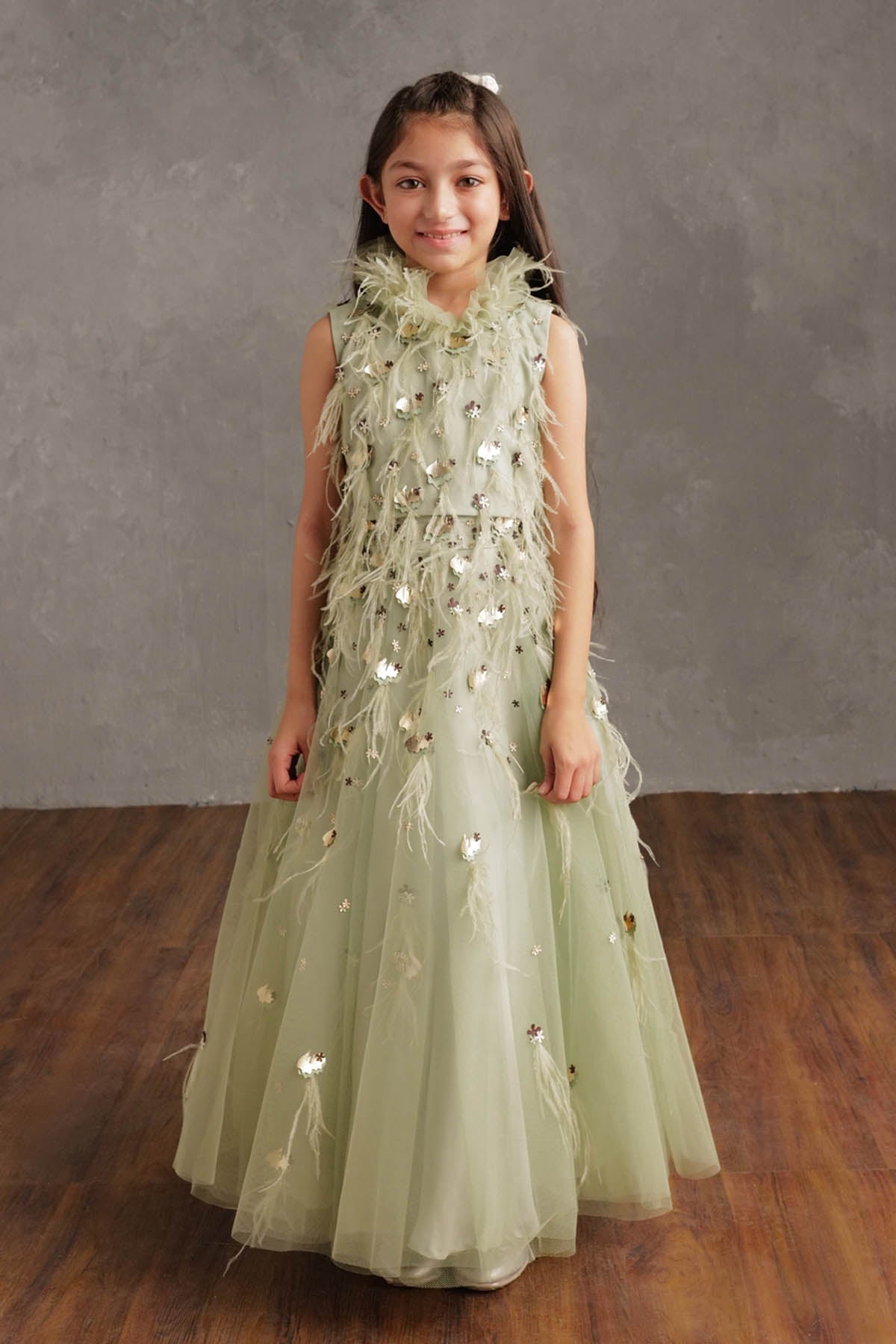 By Not So Serious By Pallavi Mohan Feather Embellished Lehenga Set For Girls Available online at ScrollnShops