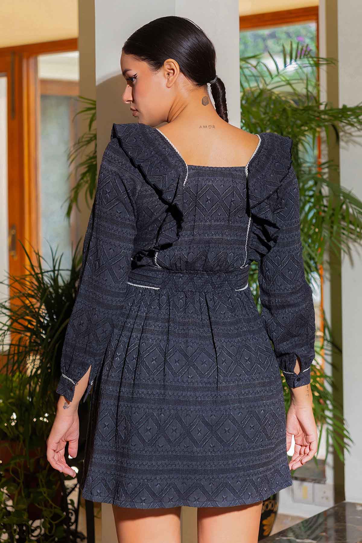 Grey Geometric Embroidered Dress
