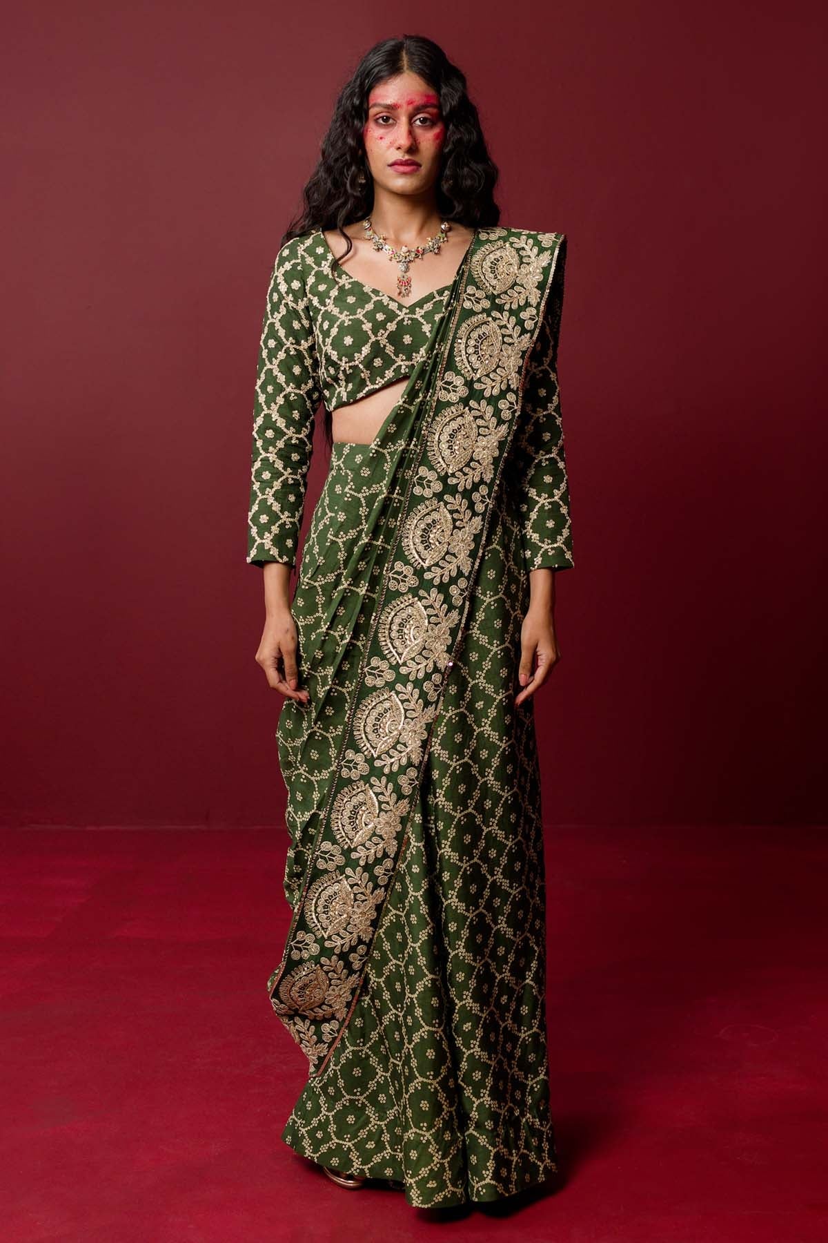 Green Sequins & Dori Saree Set