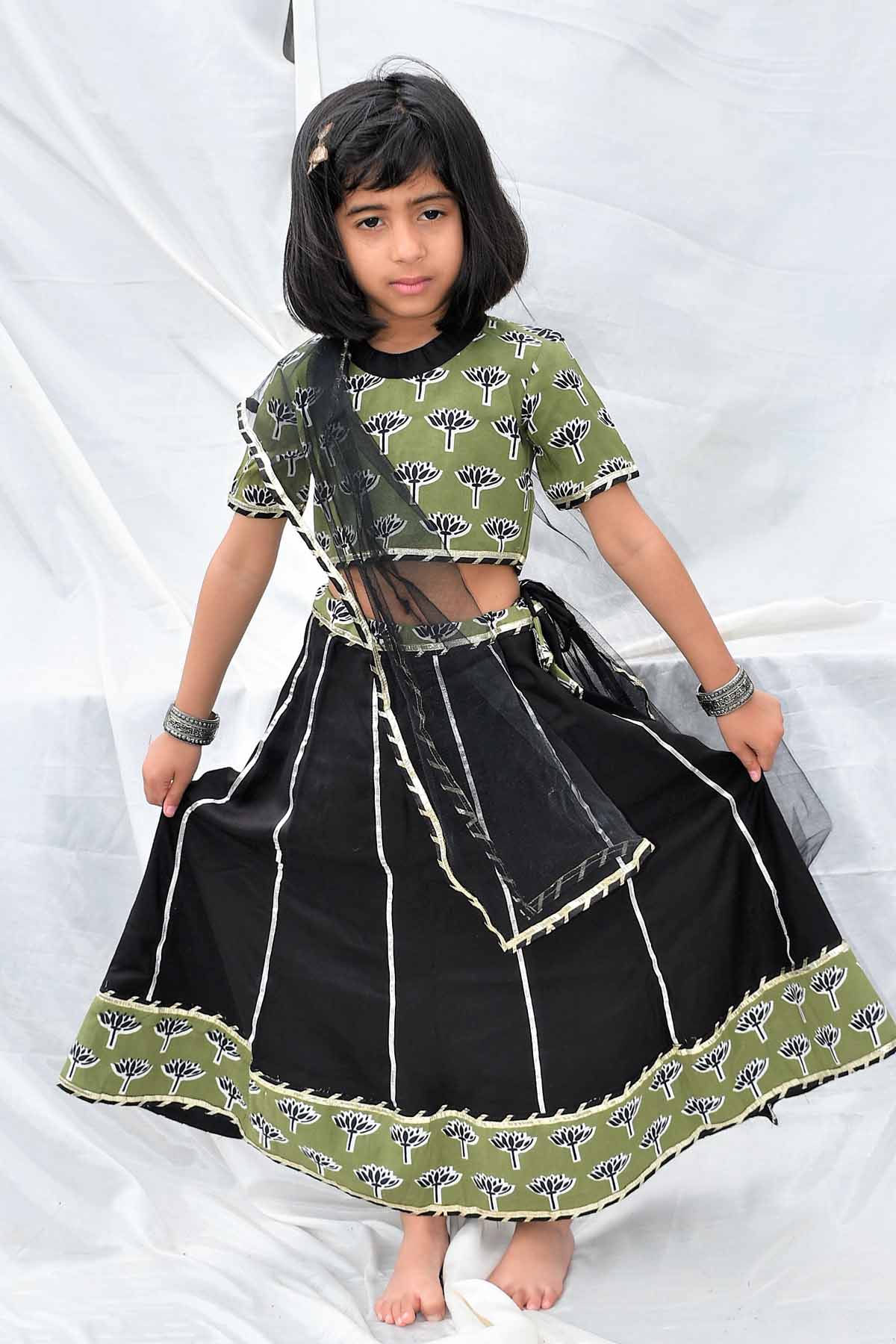 Designer ViYa Green & Black Cotton Lehenga Set For Kids Available online at ScrollnShops