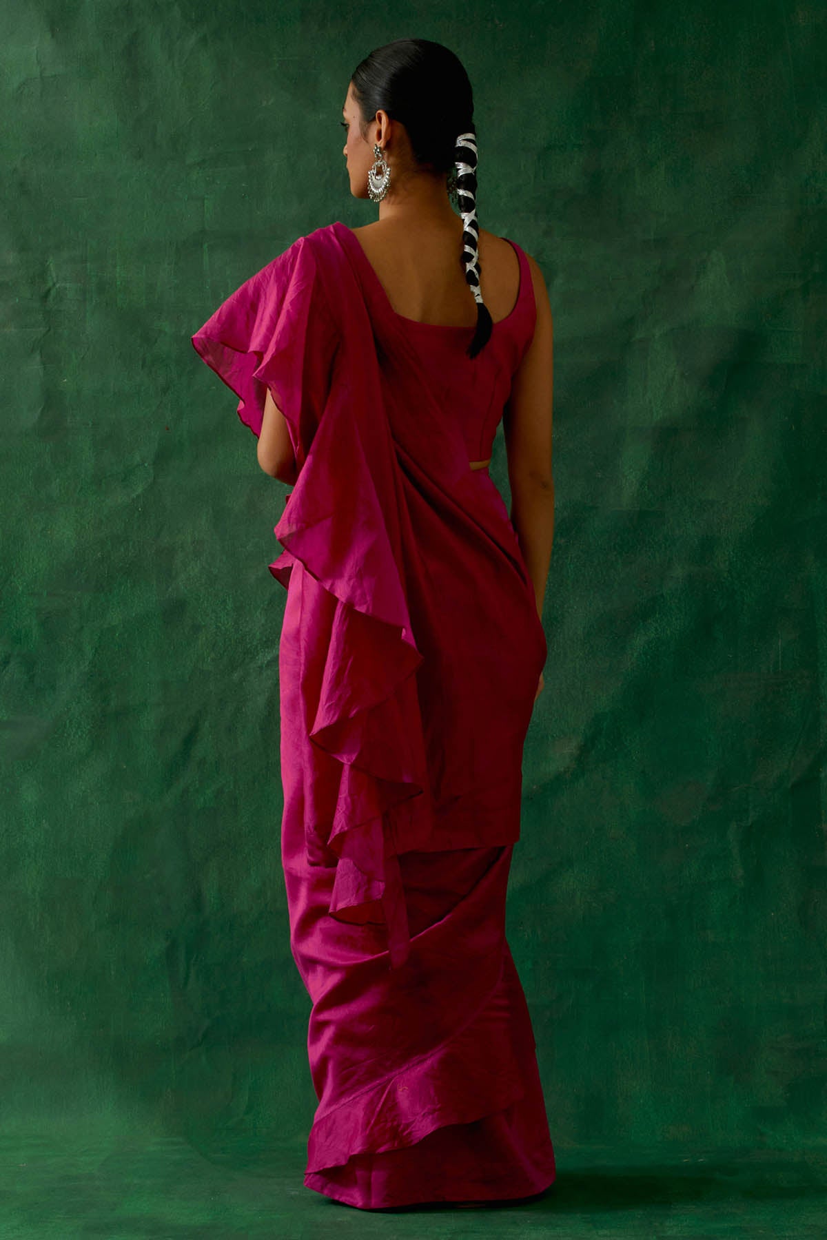 Hot Pink Ruffled Pre Drape Saree Set
