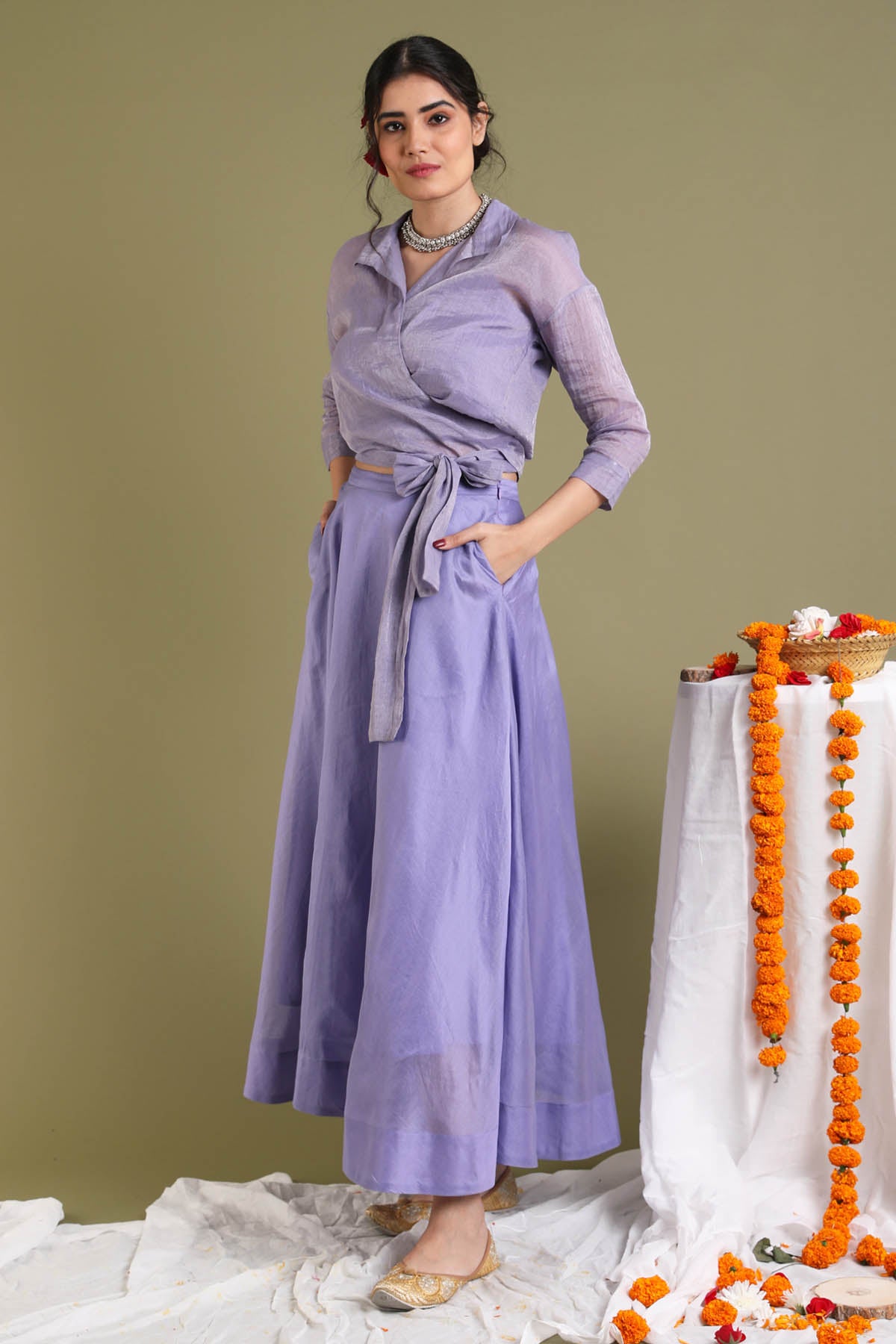 Lavender Chanderi Top & Skirt
