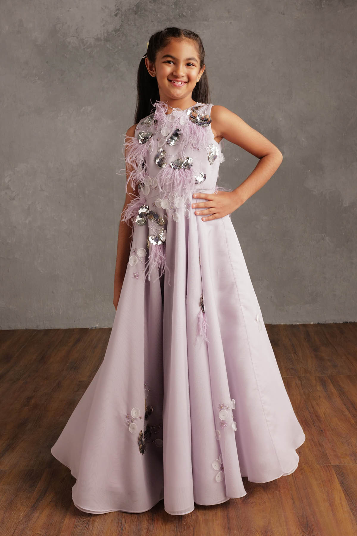 By Not So Serious By Pallavi Mohan Lavender Feather & Petal Dress For Girls Available online at ScrollnShops