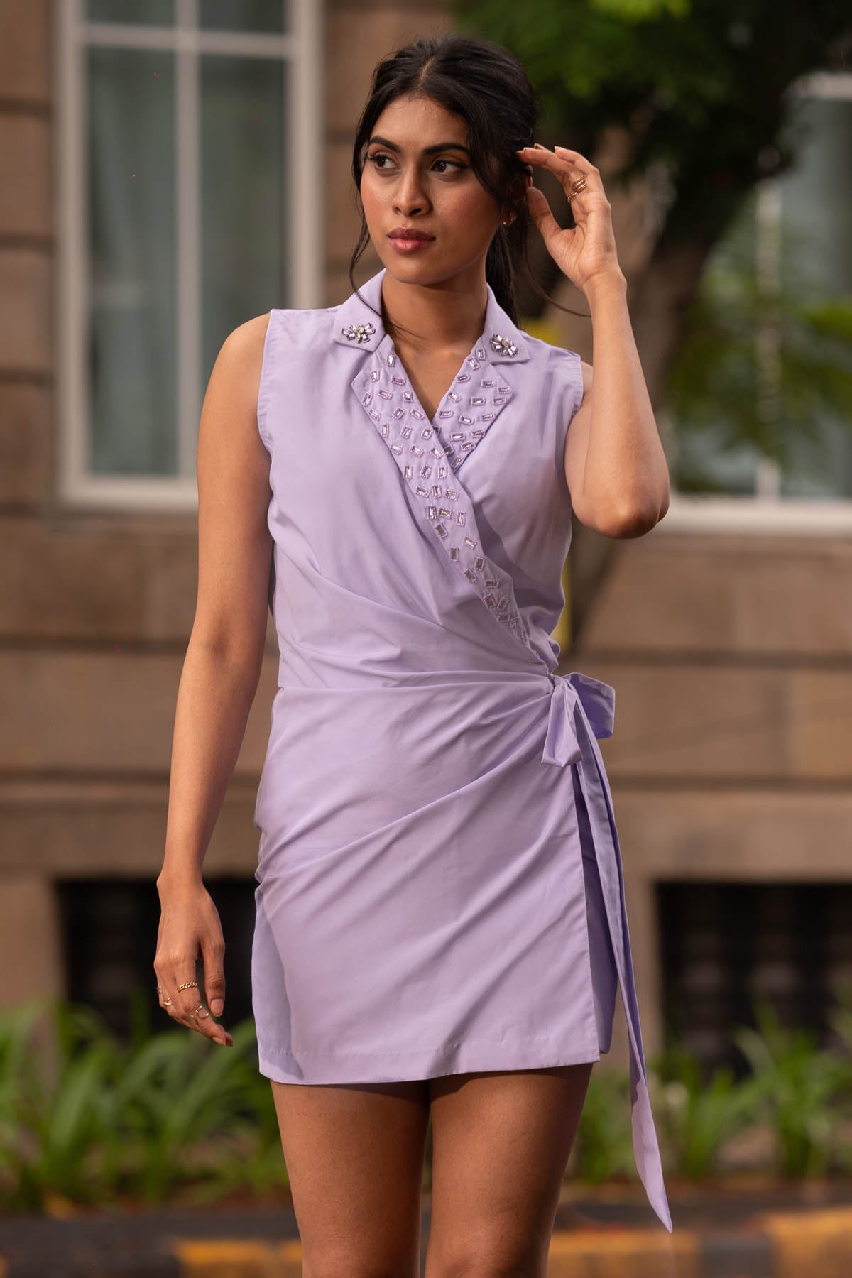 Lilac Embroidered Collar Wrap Dress