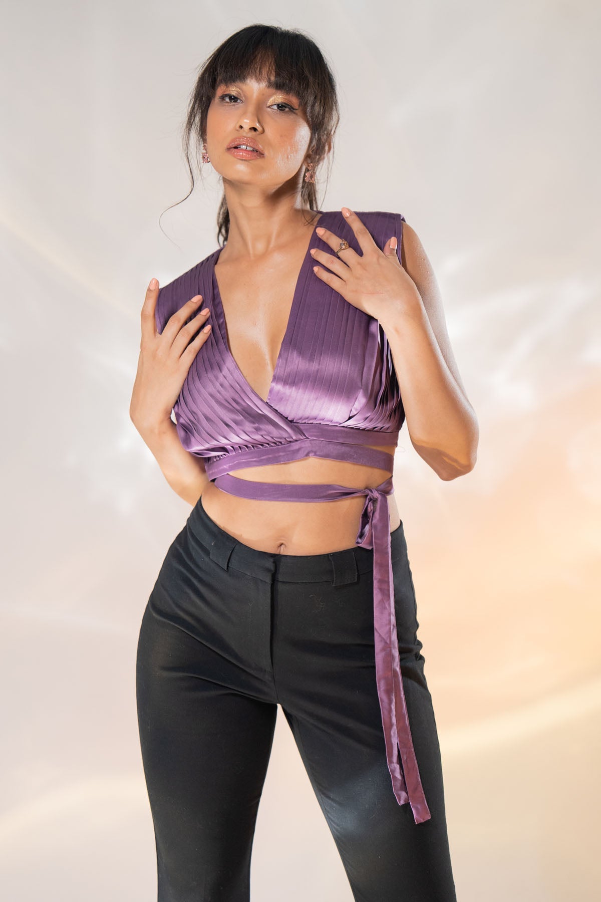 The Decem Ally Mauve Deep V-Neck Pleated Top for Women online available at scrollnshops
