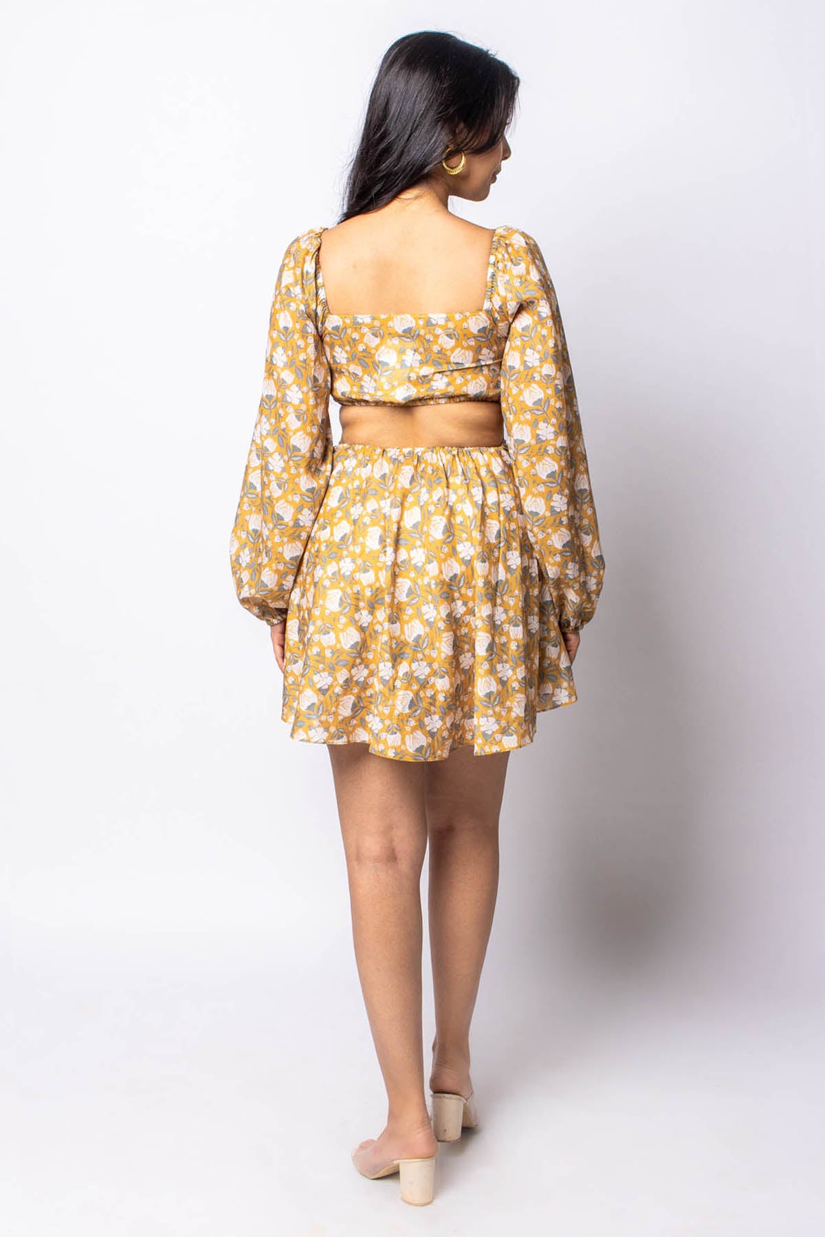 Mustard Floral Print Cotton Dress