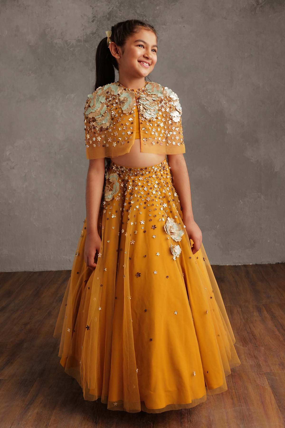 By Not So Serious By Pallavi Mohan Mustard Floral Lehenga Set For Girls Available online at ScrollnShops