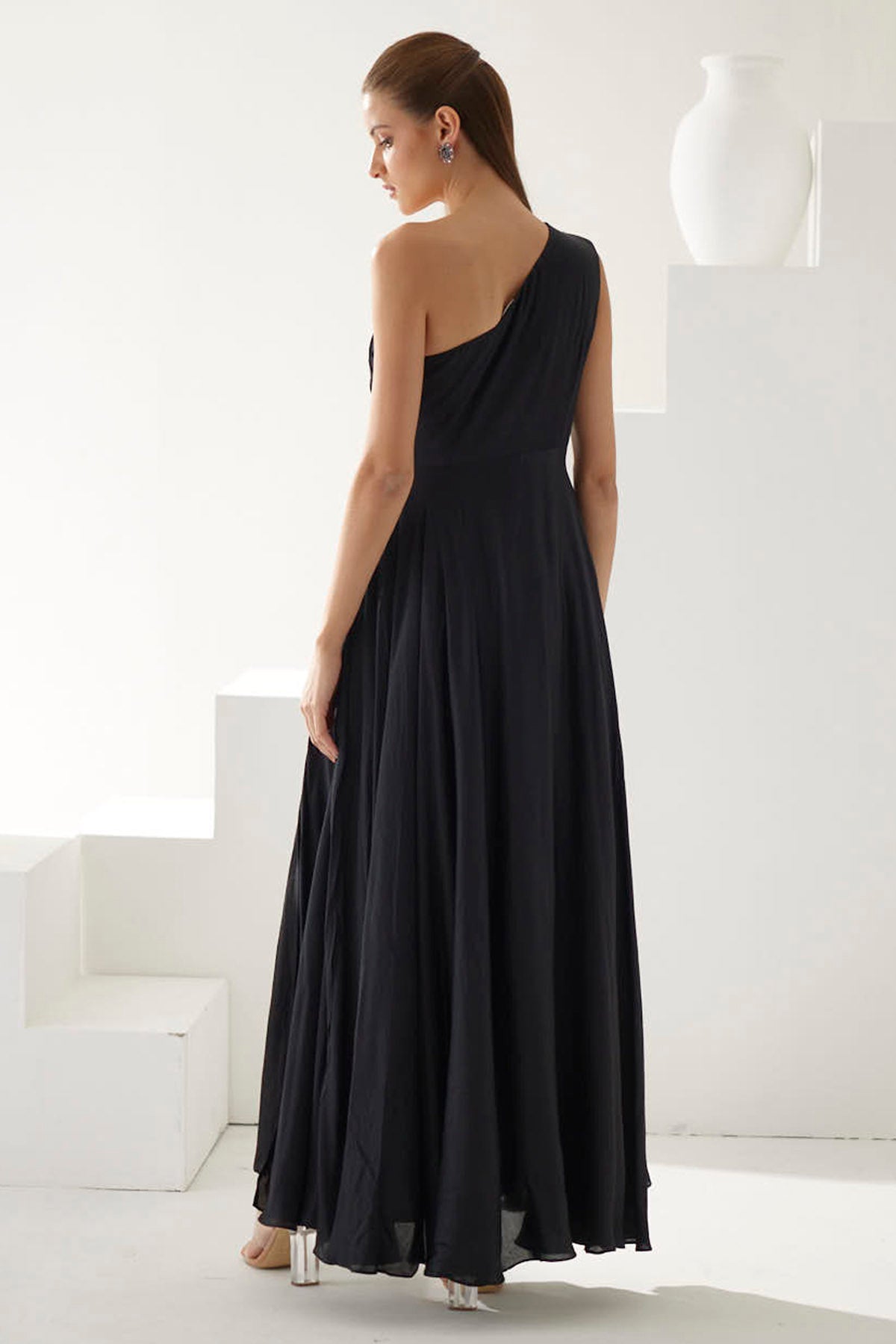 Black One Shoulder High Slit Dress