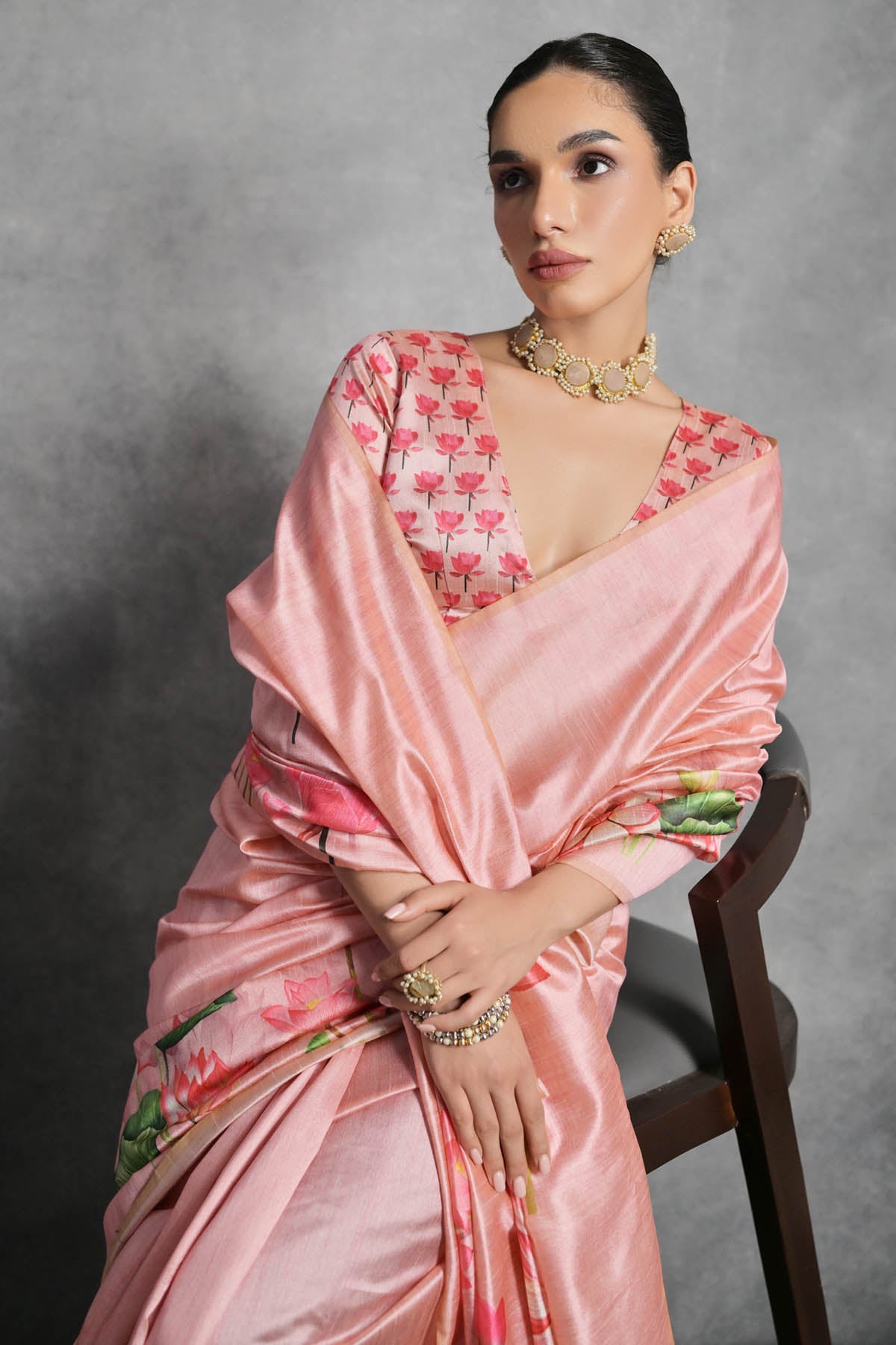 Peach Lotus Print Silk Saree