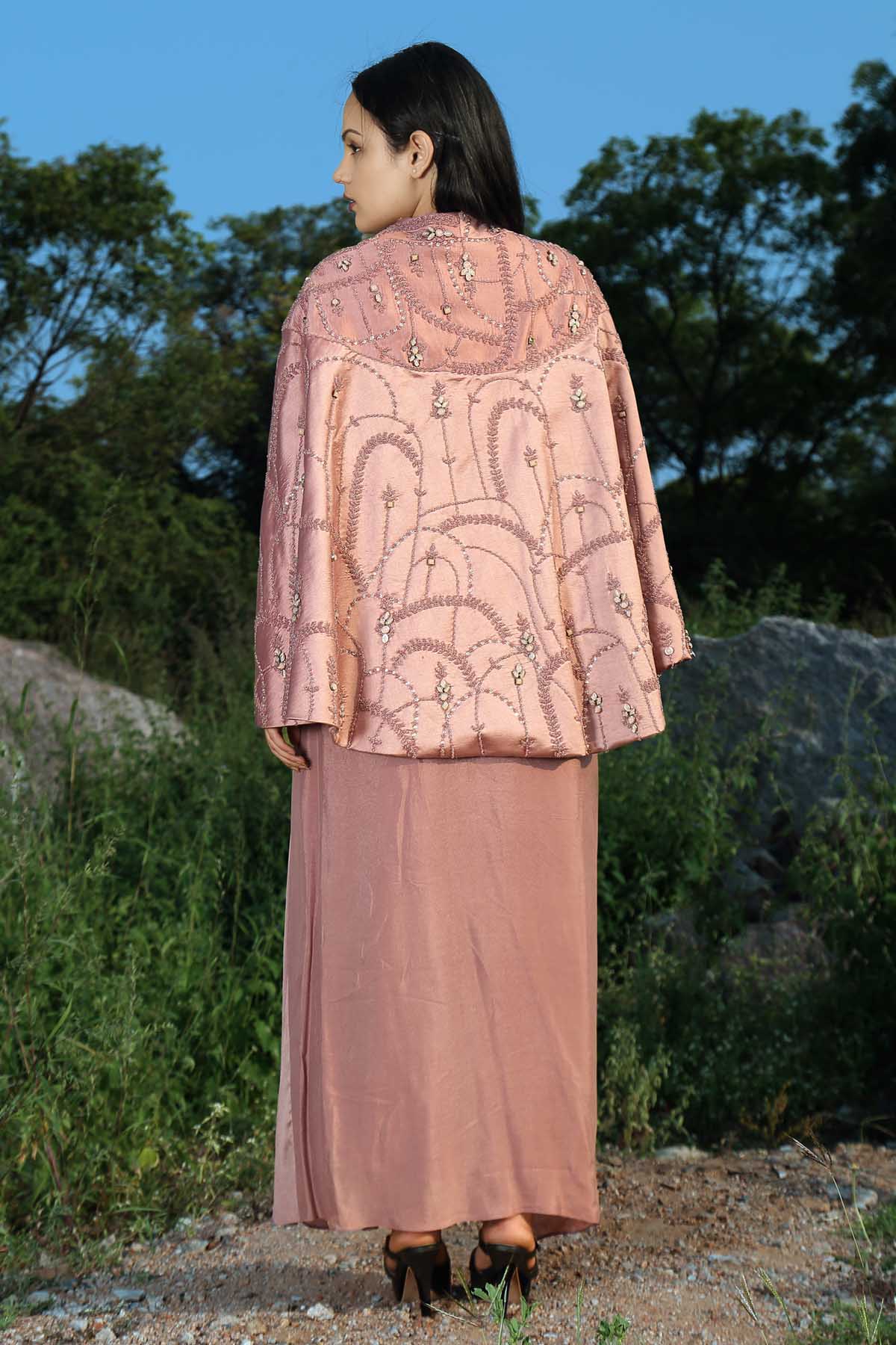 Pink Embroidered Cape & Skirt Set
