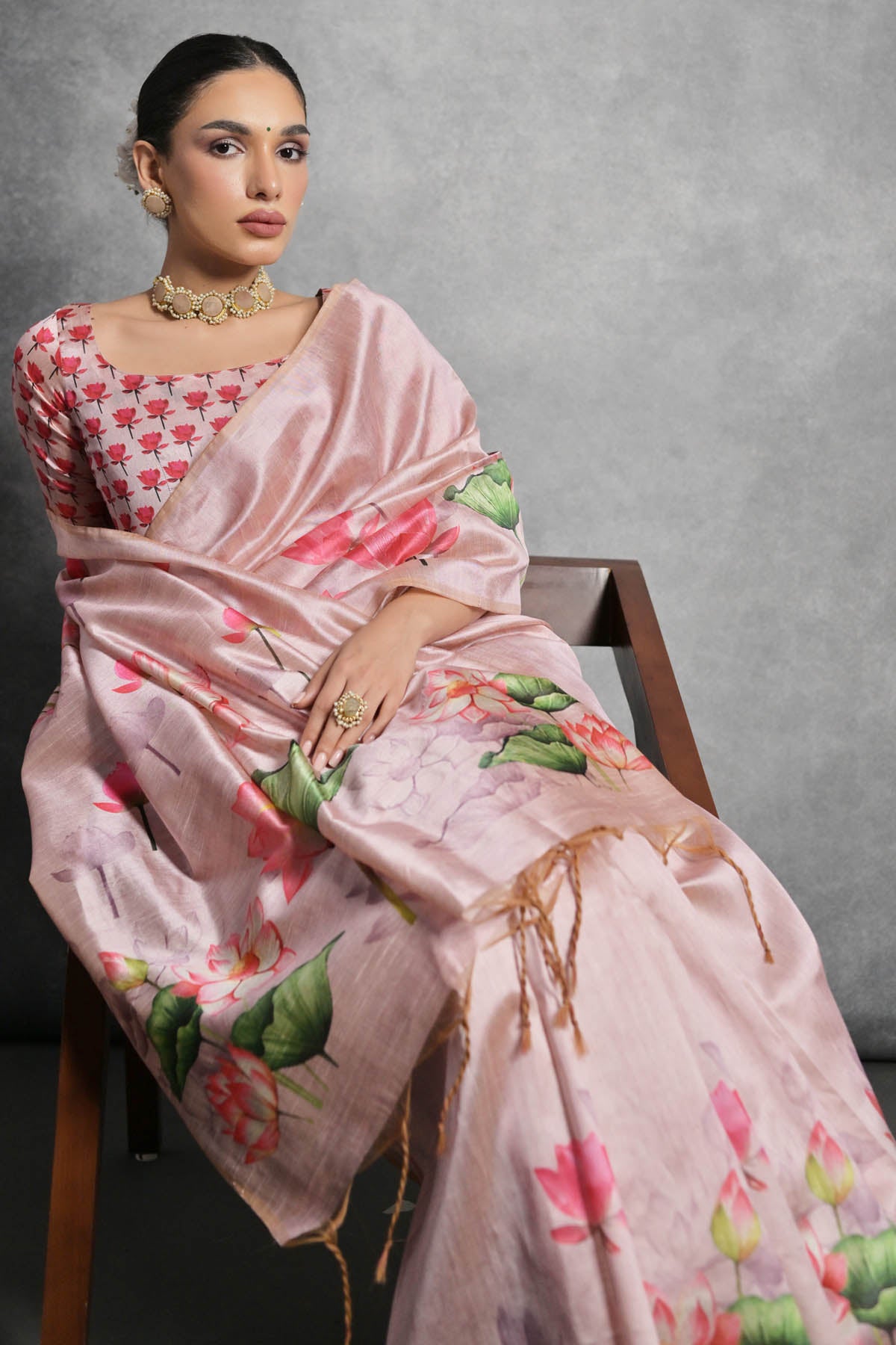Pink Lotus Print Silk Saree