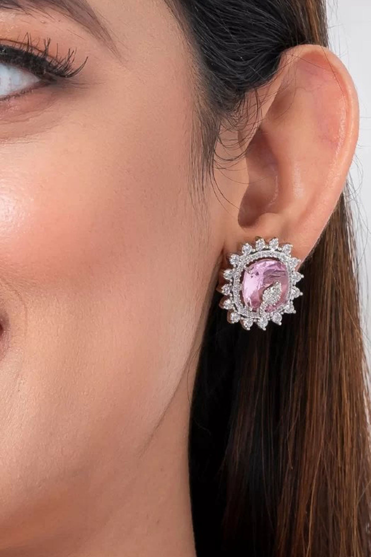 Pink Crystal Stud Earrings of Brand Putstyle Available online at ScrollnShops