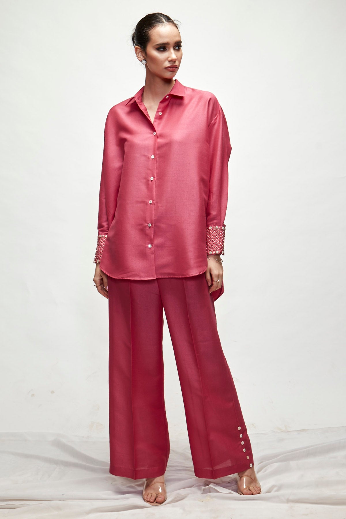 Designer Ranian Pink silk blend relaxed co-ord set with straight pants and shirt with broad cuffs and pearls For Women Online at ScrollnShops