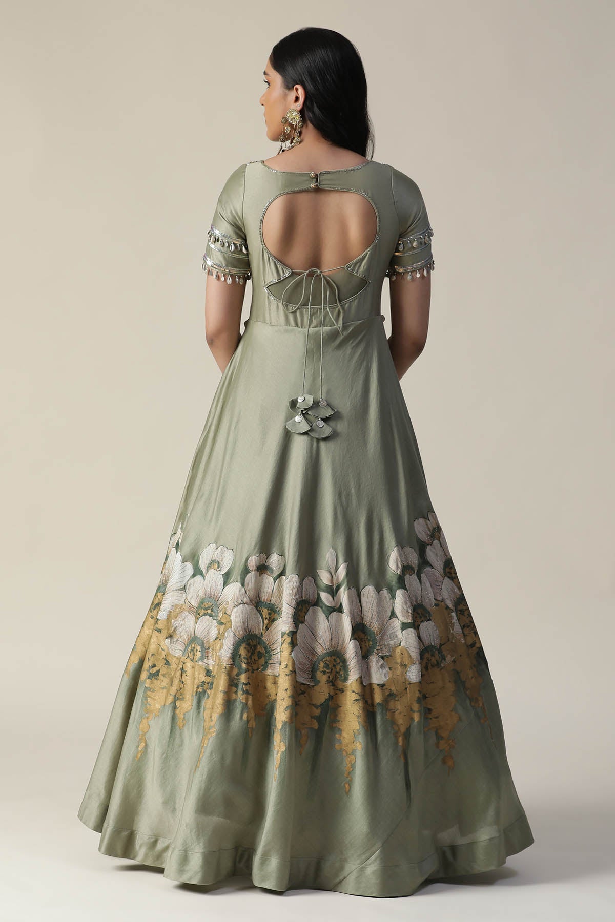 Pista Green Floral Painted Gown