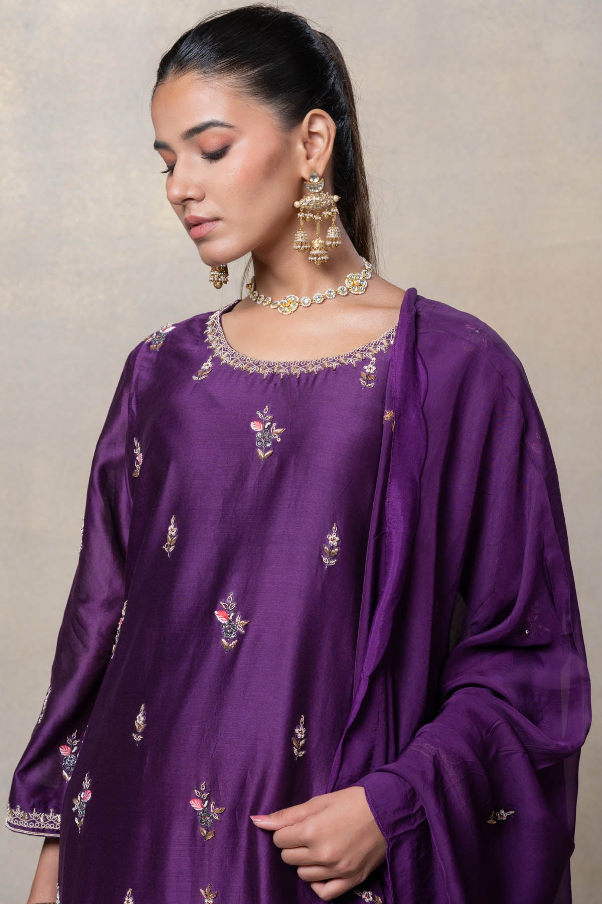 Purple Embroidered Silk Kurta Set
