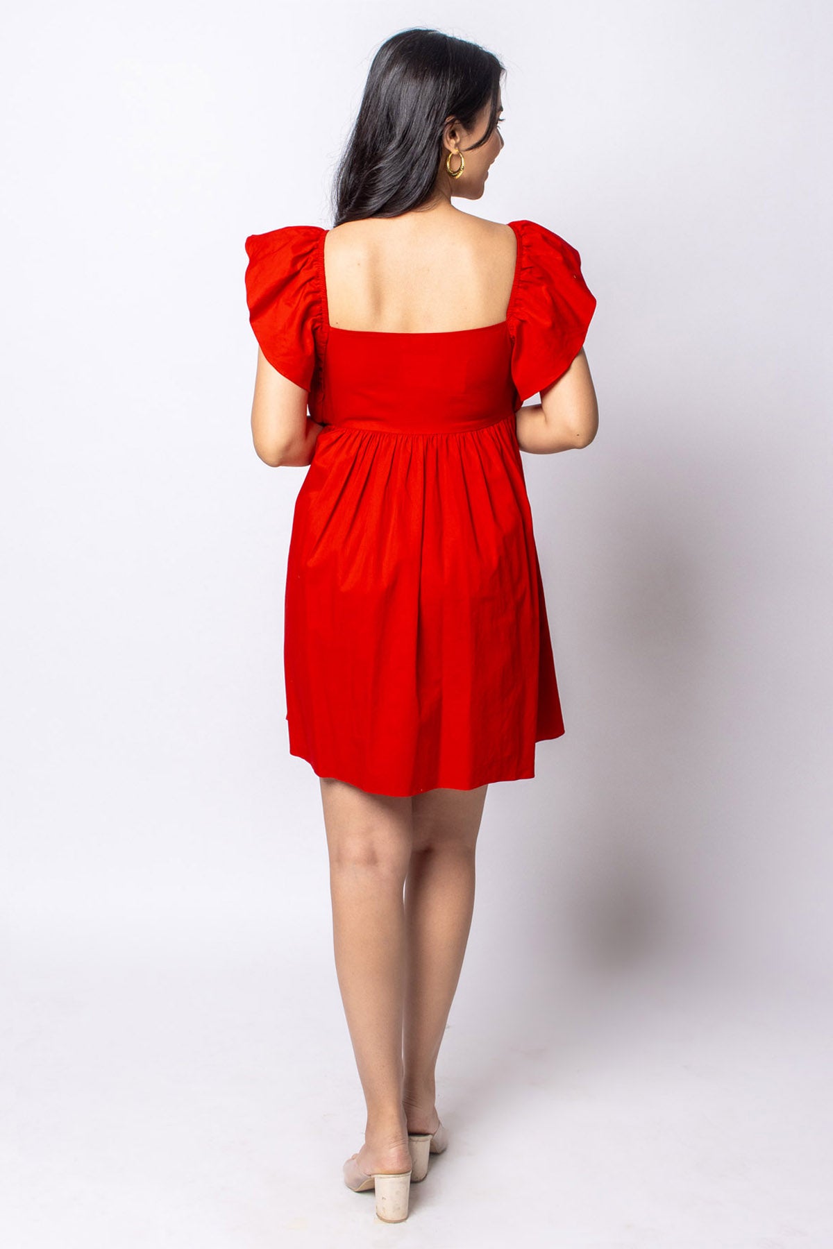 Red Cotton Gathered Mini Dress