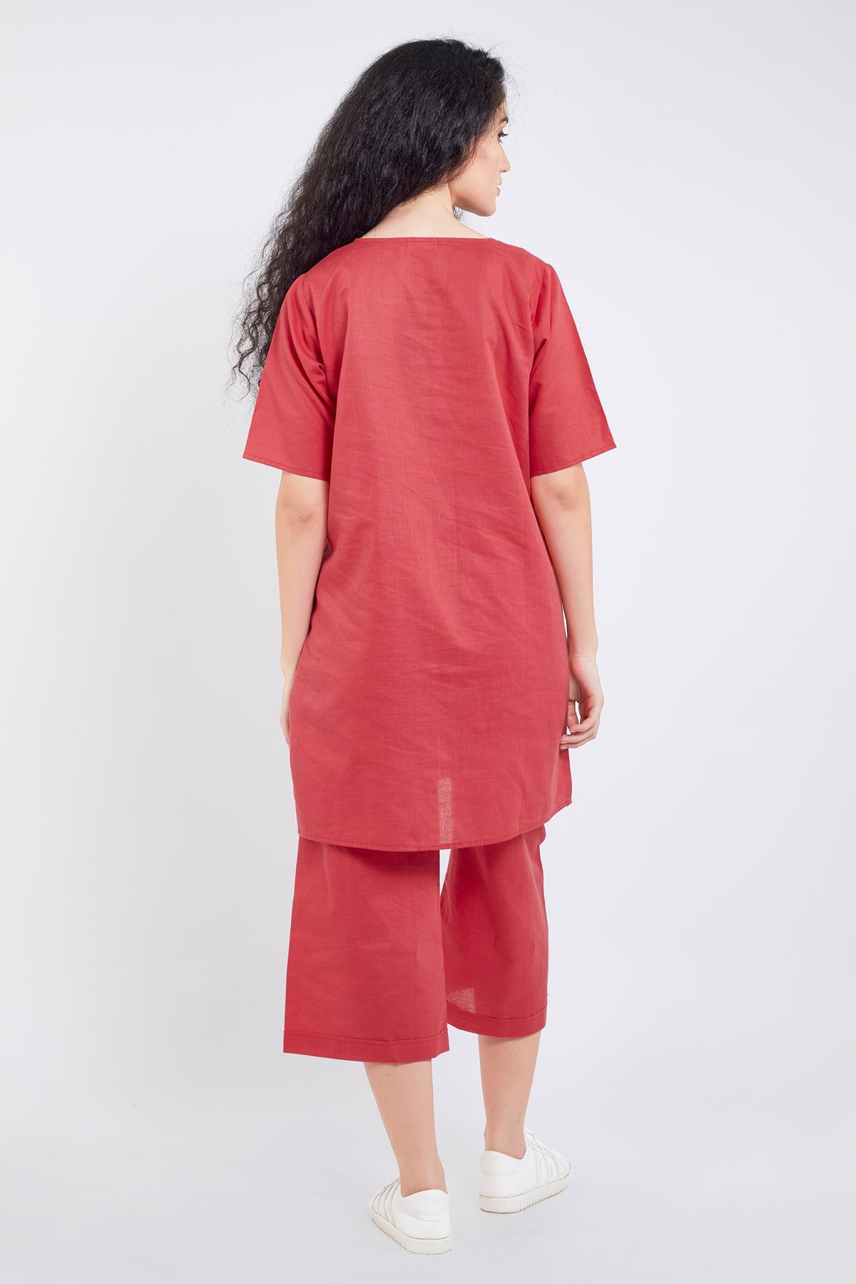 Red Cotton Linen Tunic Set