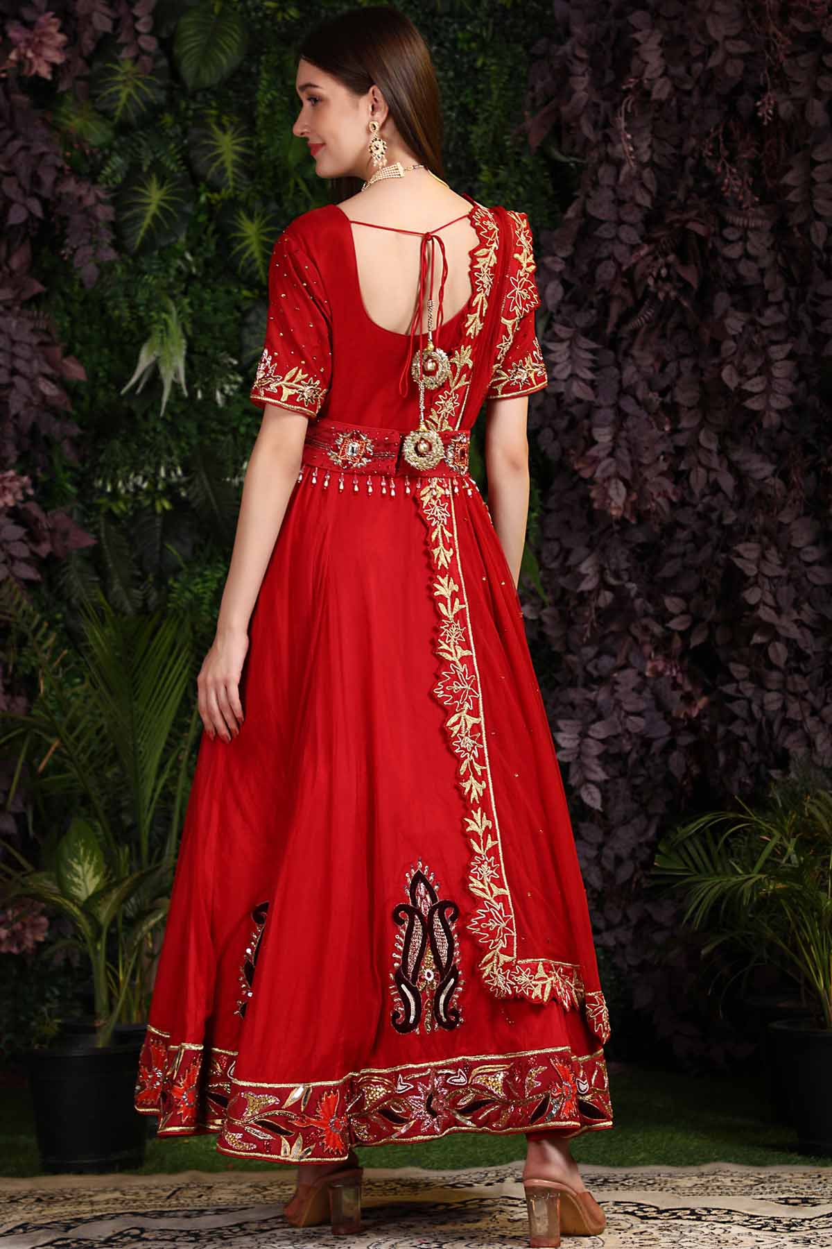 Red Embellished Anarkali Set