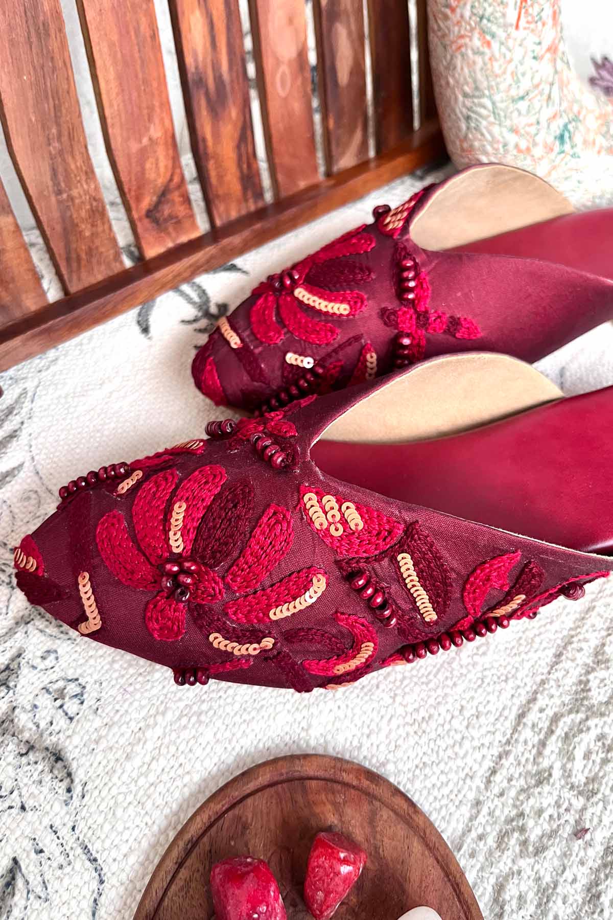 Red Hand Embroidered Mules