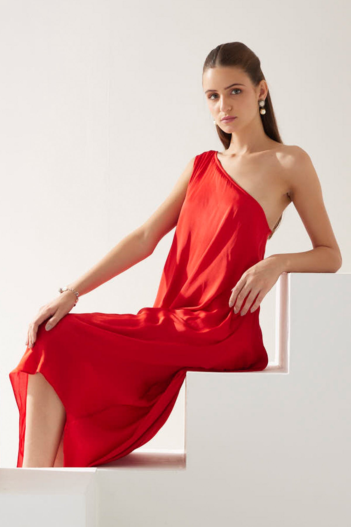 Red One Shoulder Drape Dress