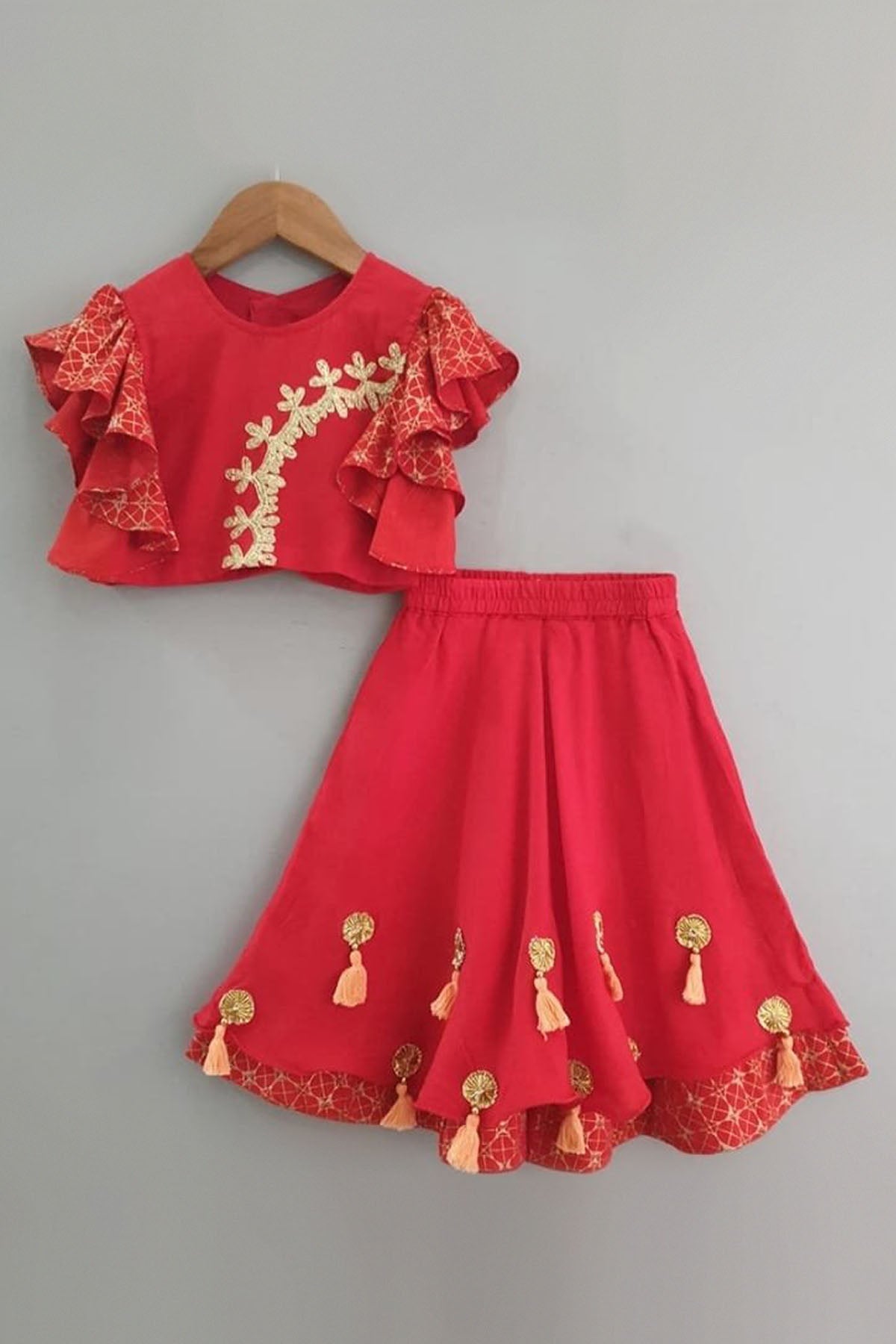 Designer Little Brats Red Rayon Ghagara Set For Kids Available online at ScrollnShops