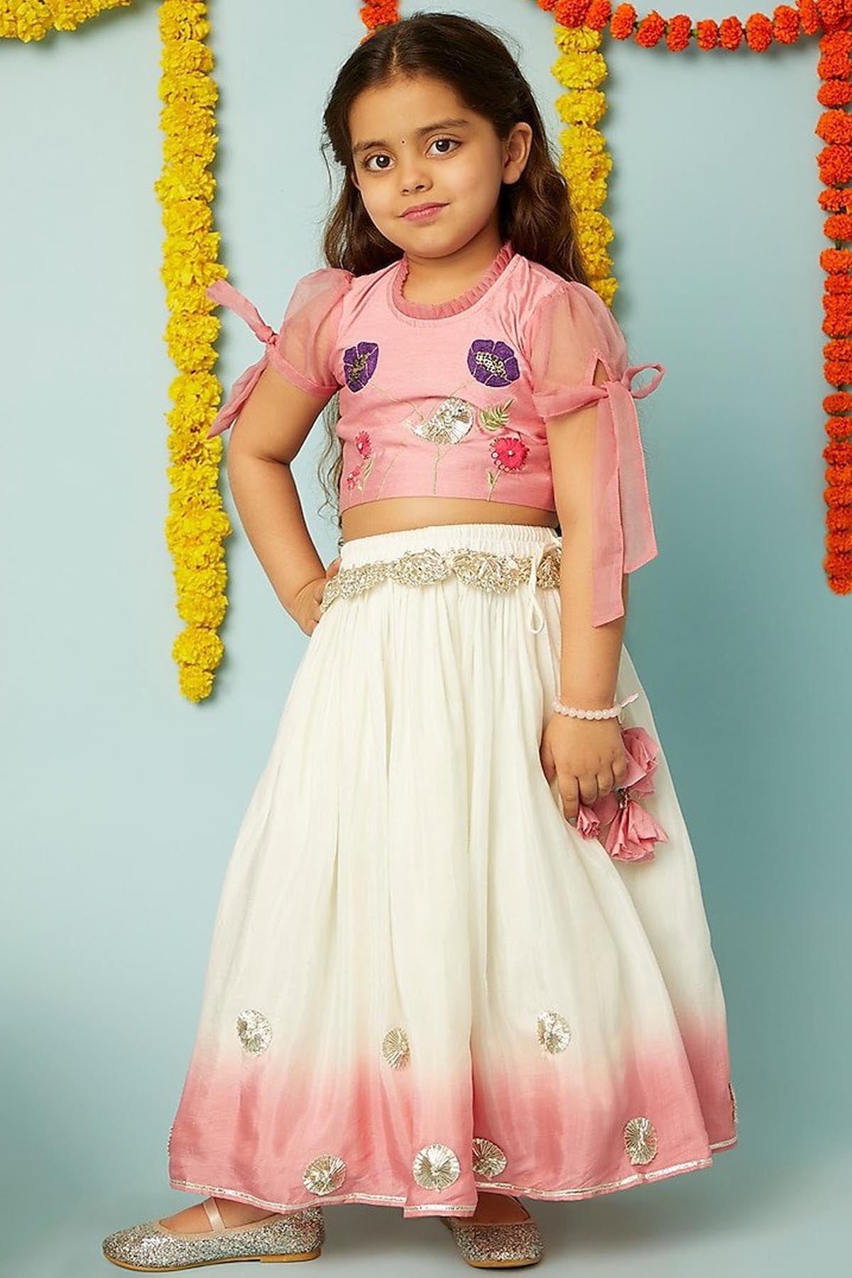 Designer Little Brats Shaded Pink Floral Ghagara Set For Kids Available online at ScrollnShops