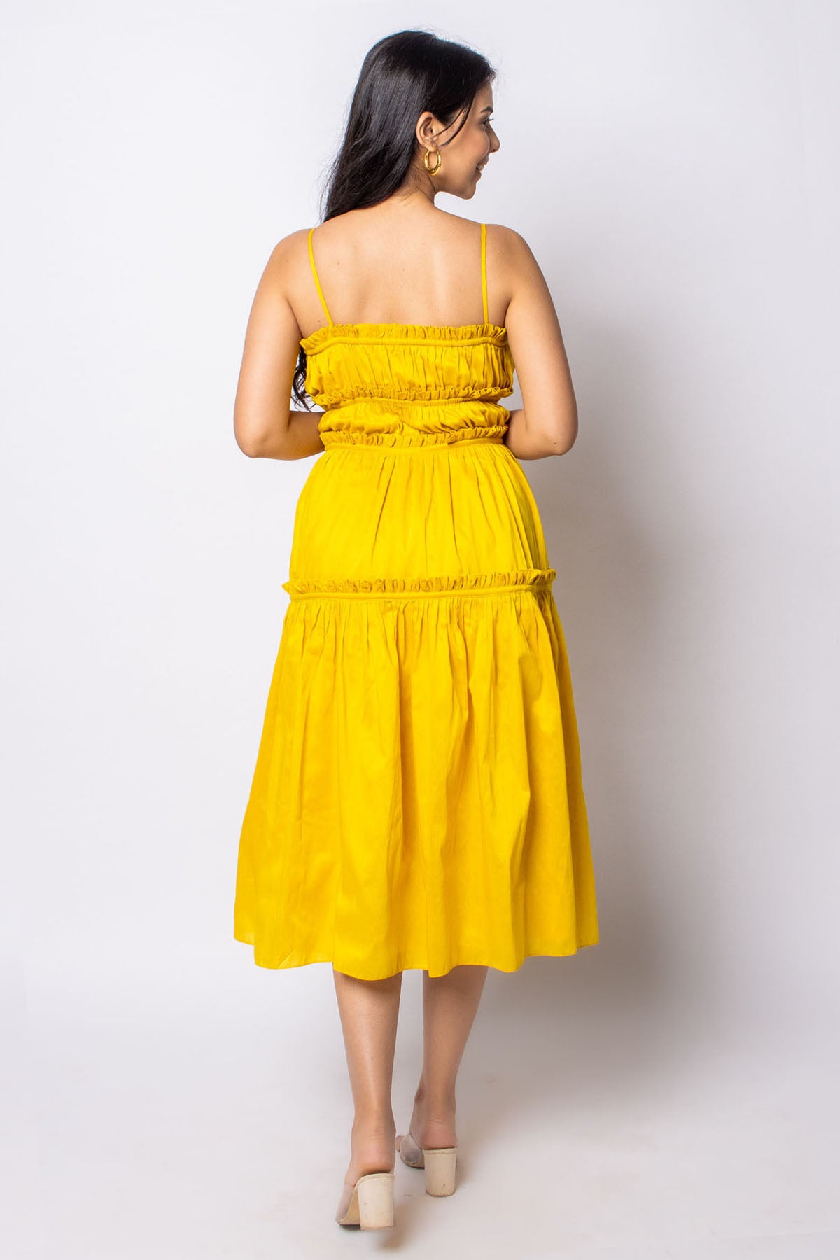 Yellow Ruched Mini Cotton Dress