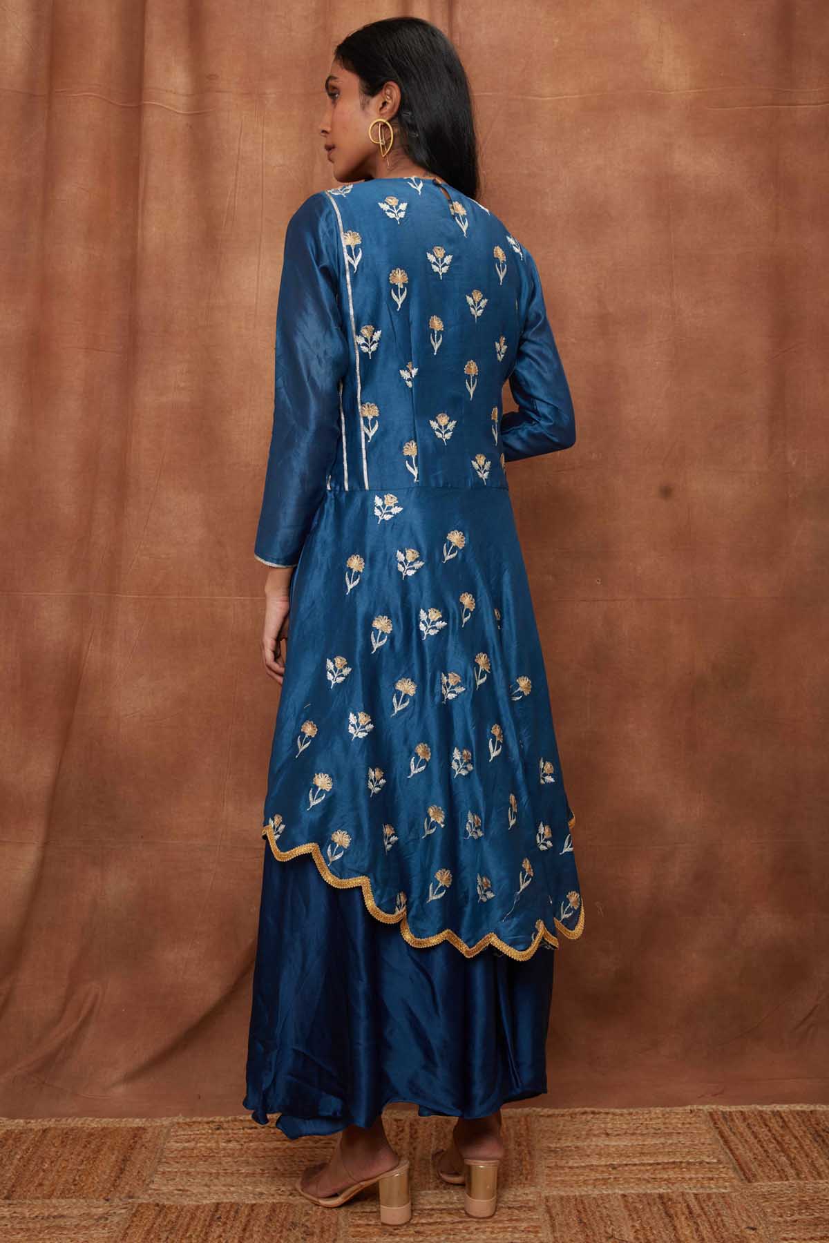 Blue Silk Scalloped Top & Cowl Dress