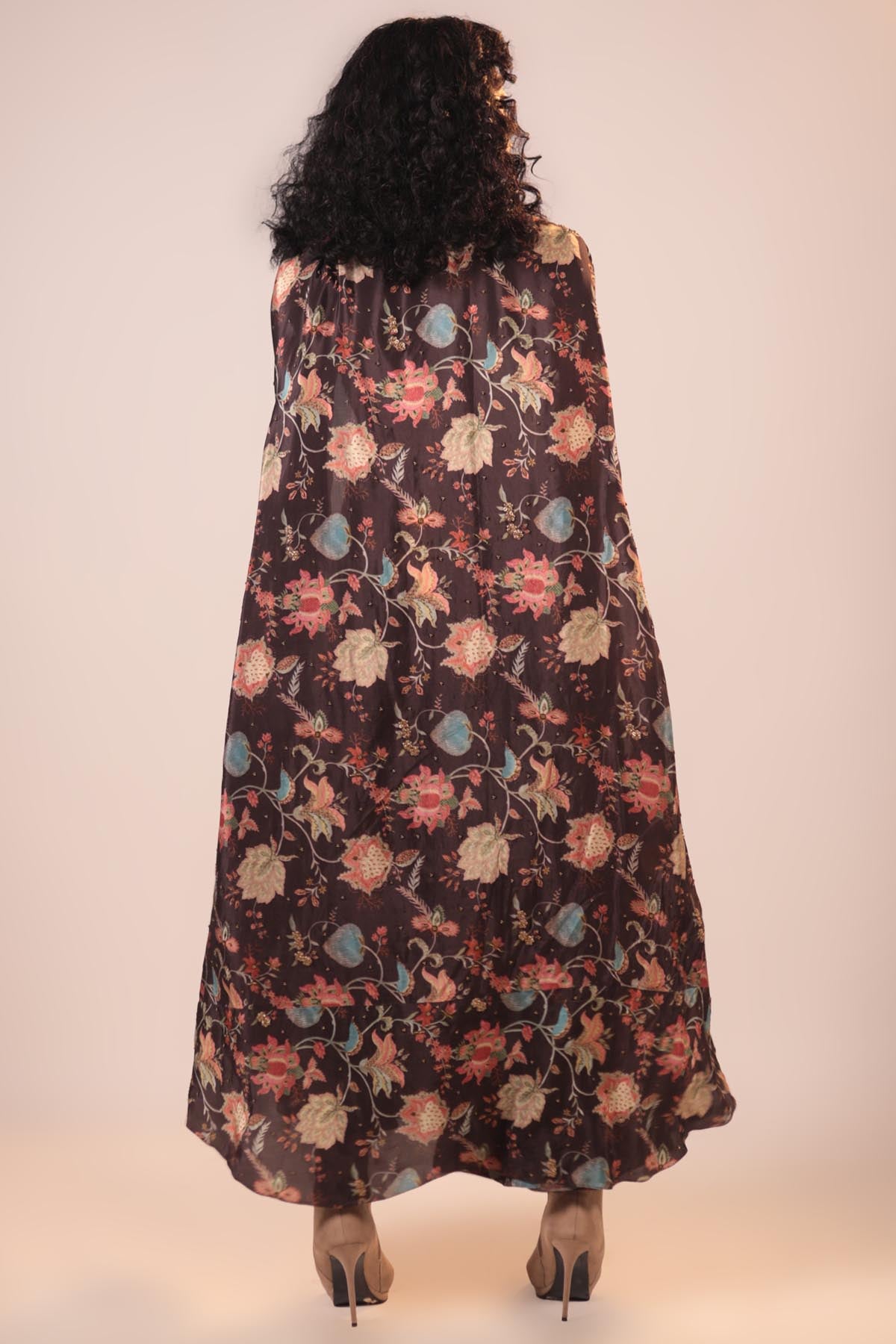 Brown Floral Cape & Skirt Set