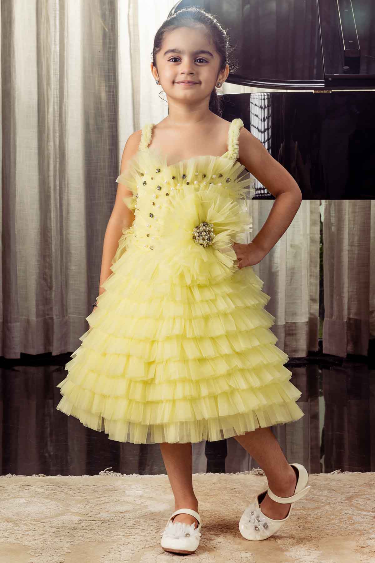 Designer Yellow A-Line Net Dress For Girls available at ScrollnShops