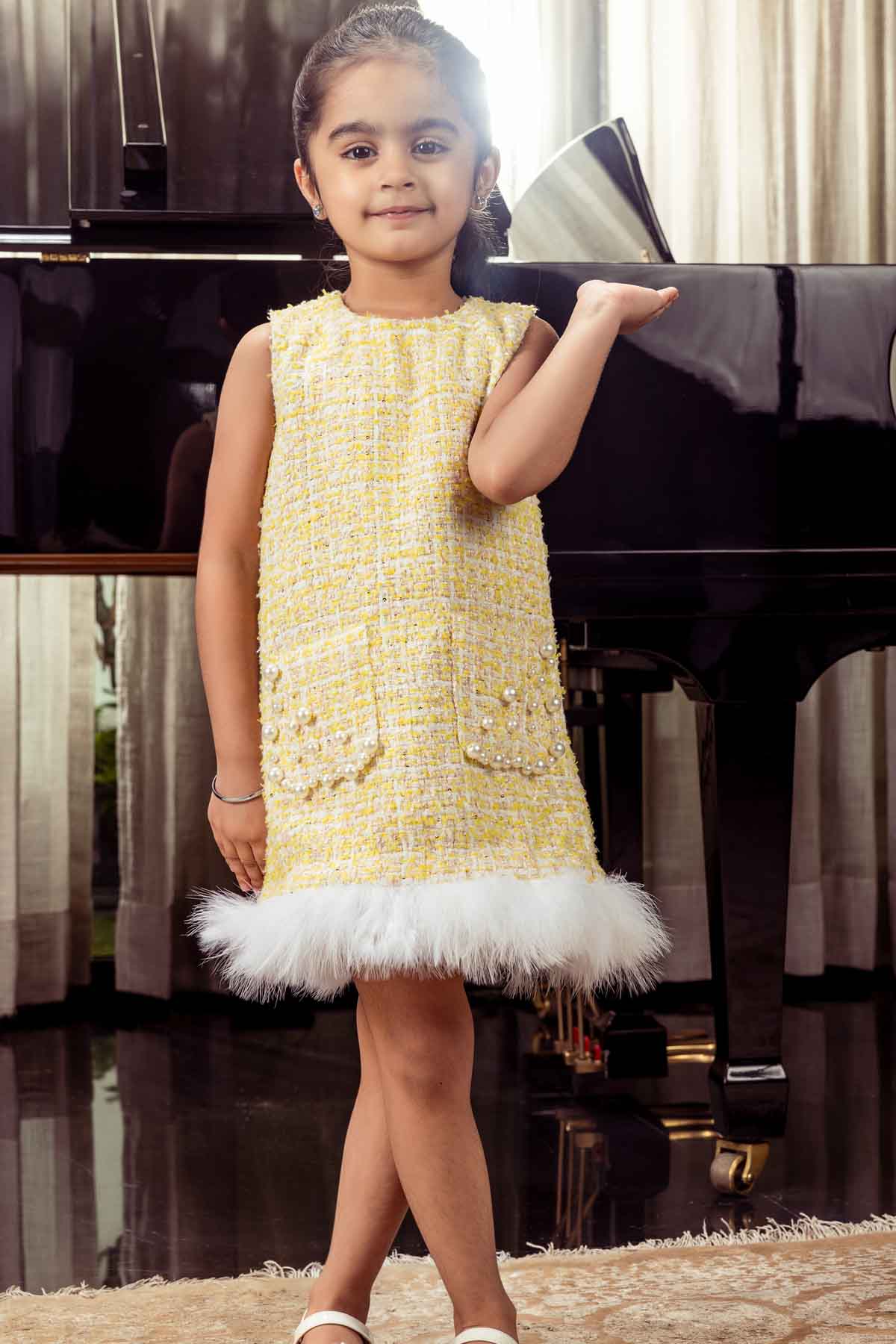 Designer Yellow Tweed Shift Dress For Girls available at ScrollnShops