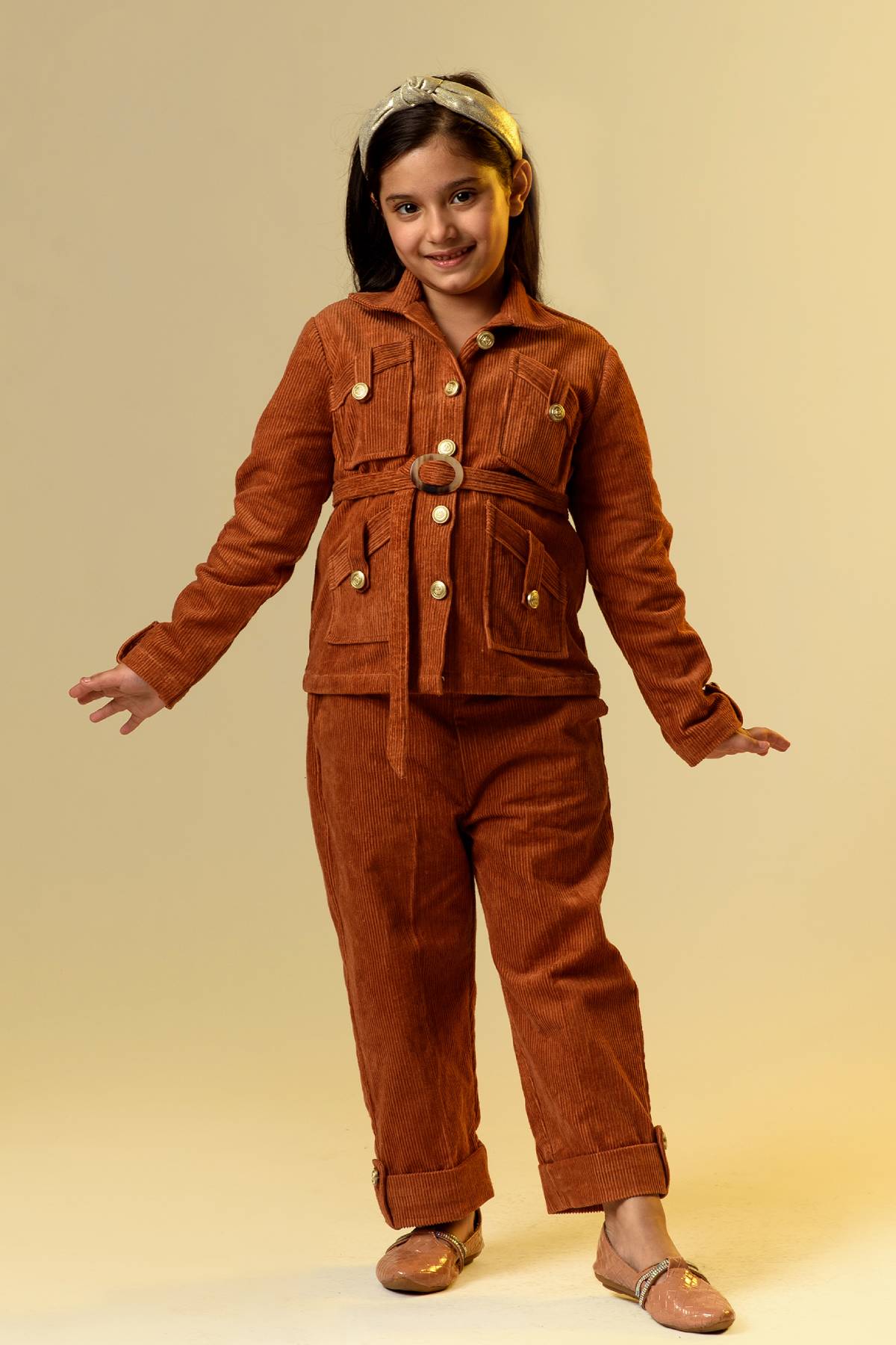Buy Kids Designer Littleens Fusion set with organic corduroy shirt with detachable belt, broad pockets, flap detail at the front and glossy buttons paired with trousers with structured lining, high-rise waist and straight fit through the legs Online at ScrollnShops