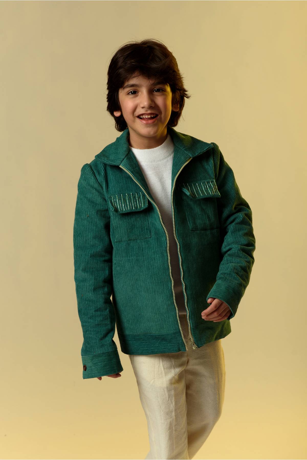 Buy Kids Designer Littleens Corduroy jacket in loose shape with embellished pocket flaps Online at ScrollnShops