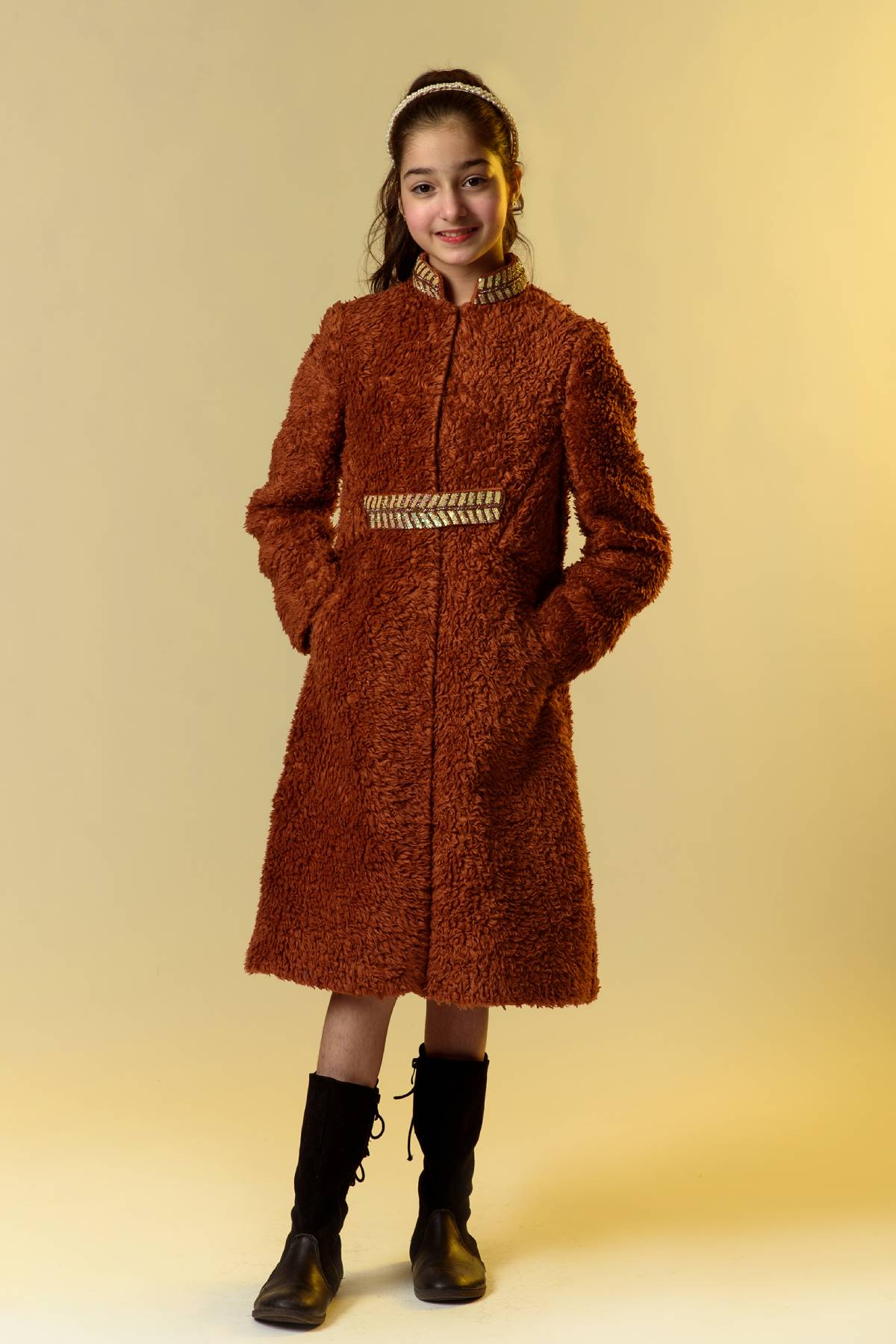 Buy Kids Designer Littleens Organic sherpa knit coat jacket with hand embroidery Online at ScrollnShops