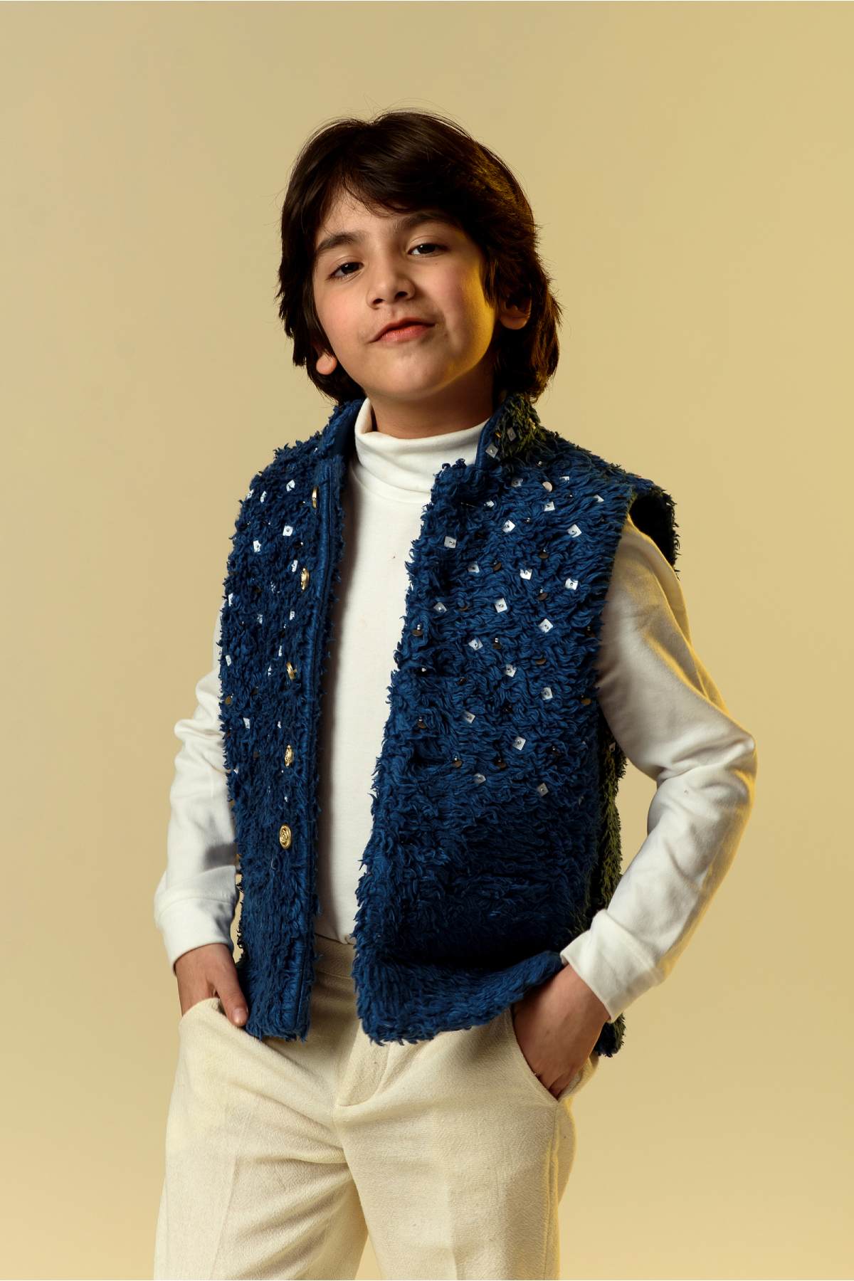 Buy Kids Designer Littleens Waistcoat jacket with five button fastening made from organic sherpa Online at ScrollnShops