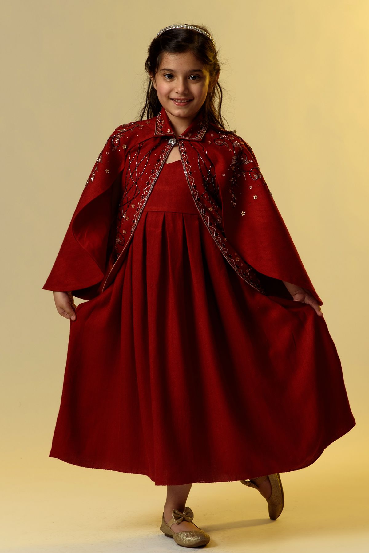 Buy Kids Designer Littleens Fusion set with double flared embroidered jacket with asymmetric cuts paired with woollen long dress Online at ScrollnShops