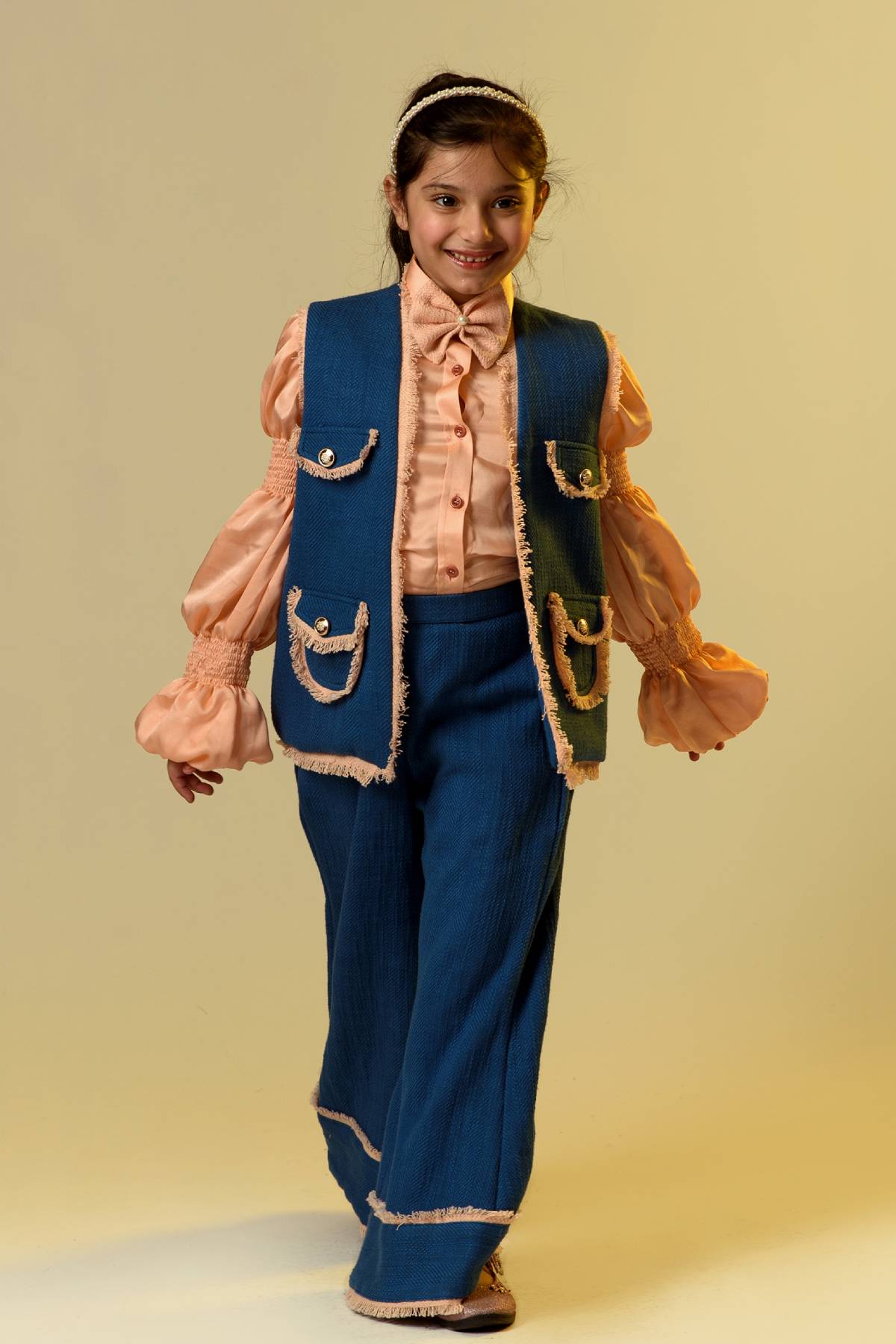 Buy Kids Designer Littleens Fusion set with flared trousers and pocket paired with German satin shirt and embroidered jacket Online at ScrollnShops