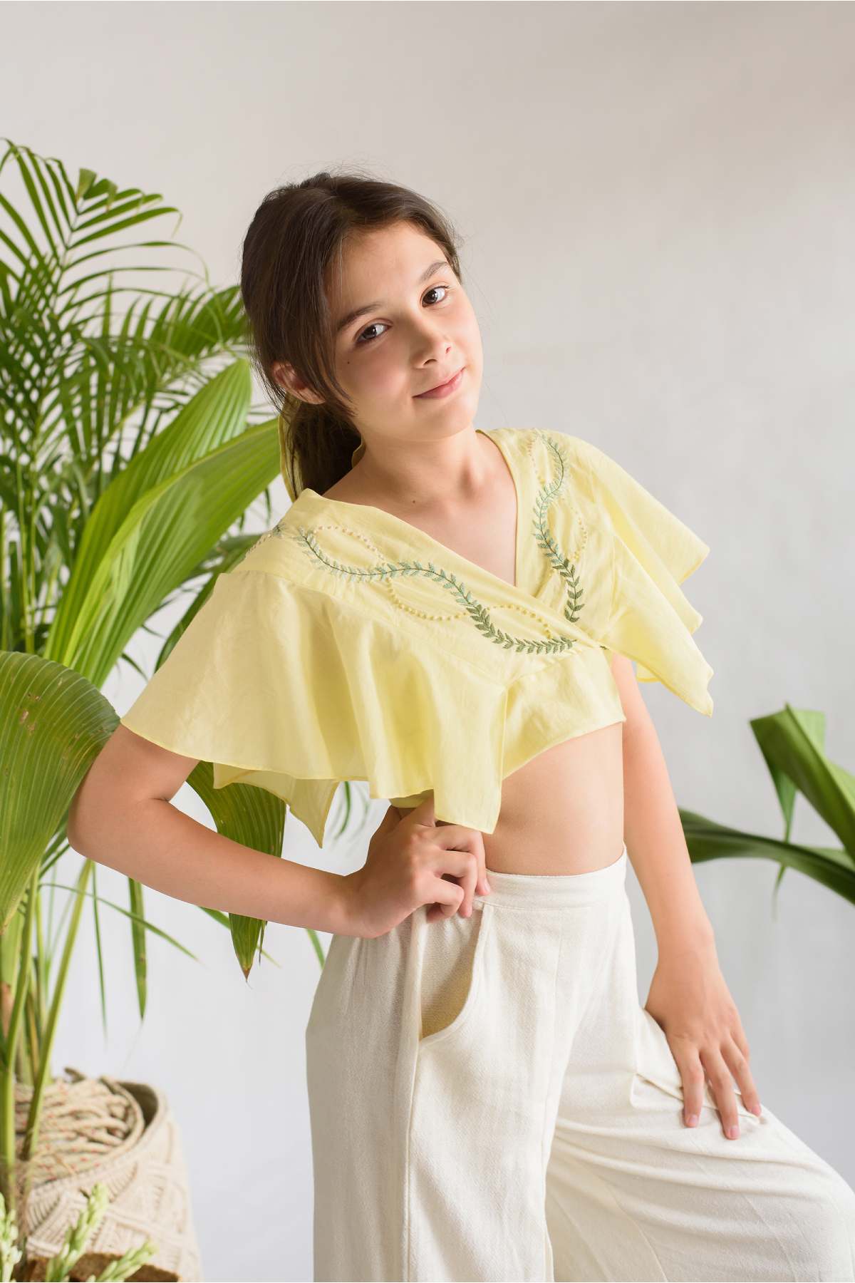 Buy Kids Designer Littleens Crop top with hand embellished leaves, striped empire waist and angel sleeves Online at ScrollnShops