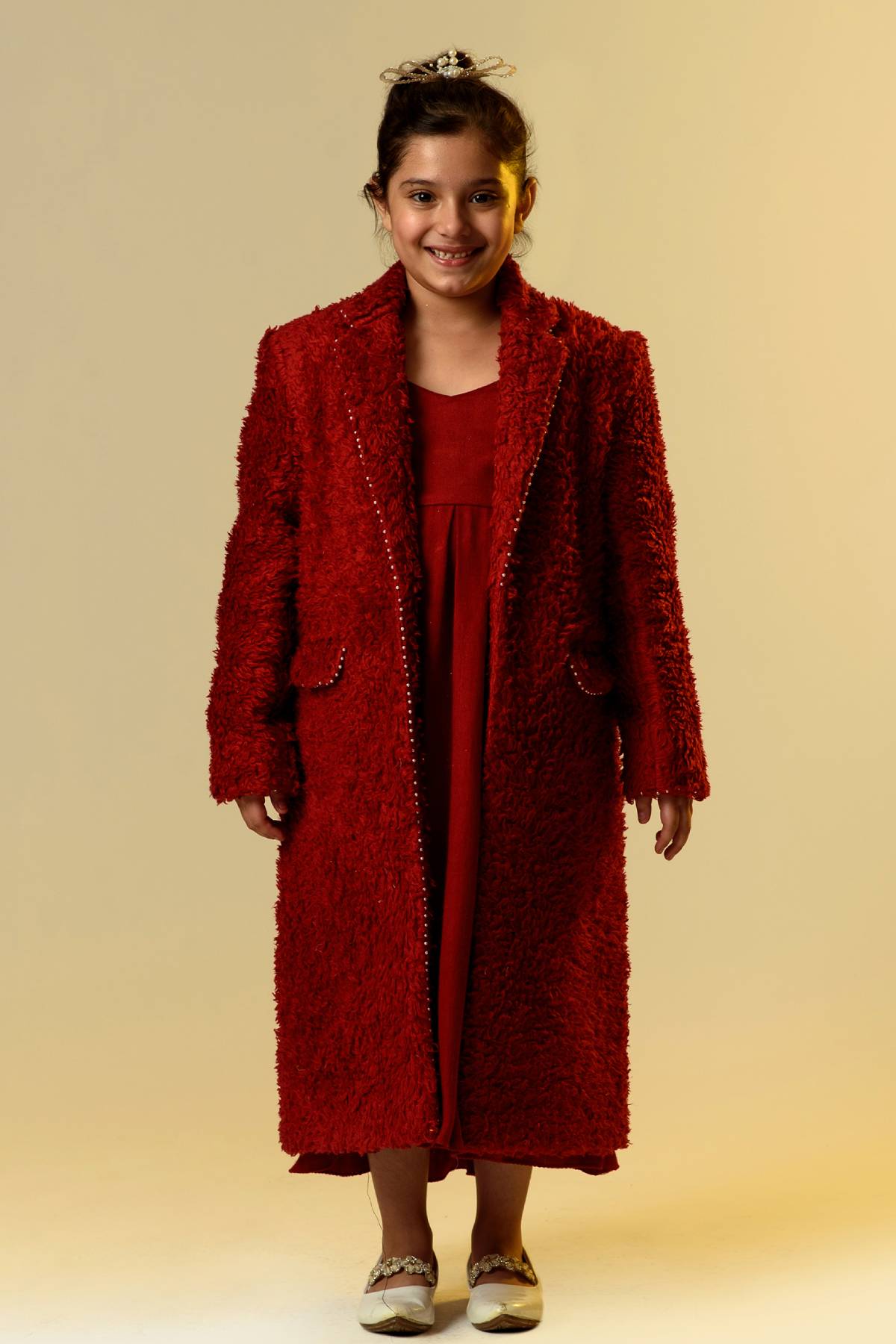 Buy Kids Designer Littleens Fusion set with oversized coat made of organic sherpa with embroidered detailing paired with woollen long dress Online at ScrollnShops
